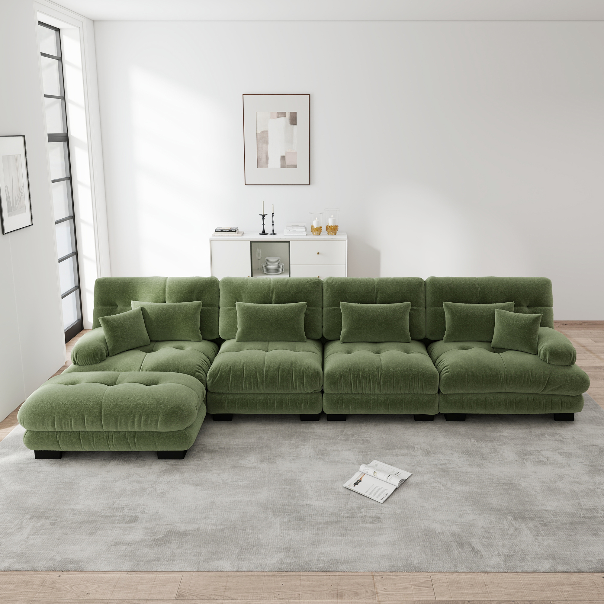Canapé d'angle modulable 4 places en chenille vert, ensemble salon avec ottoman mobile, structure confort nuage