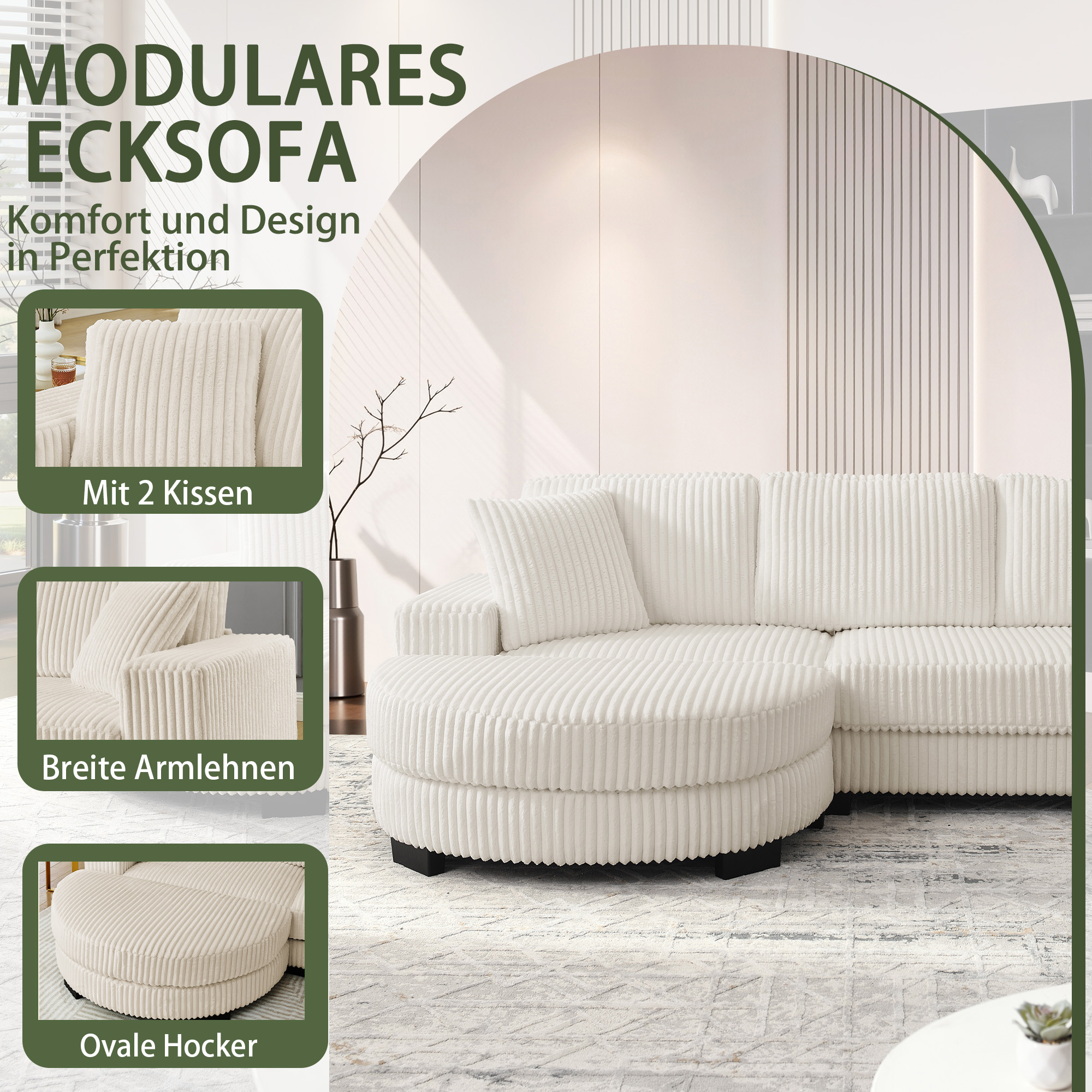Canapé d'angle modulable 4 places avec pouf ovale réversible, tissu velours côtelé beige, structure bois eucalyptus