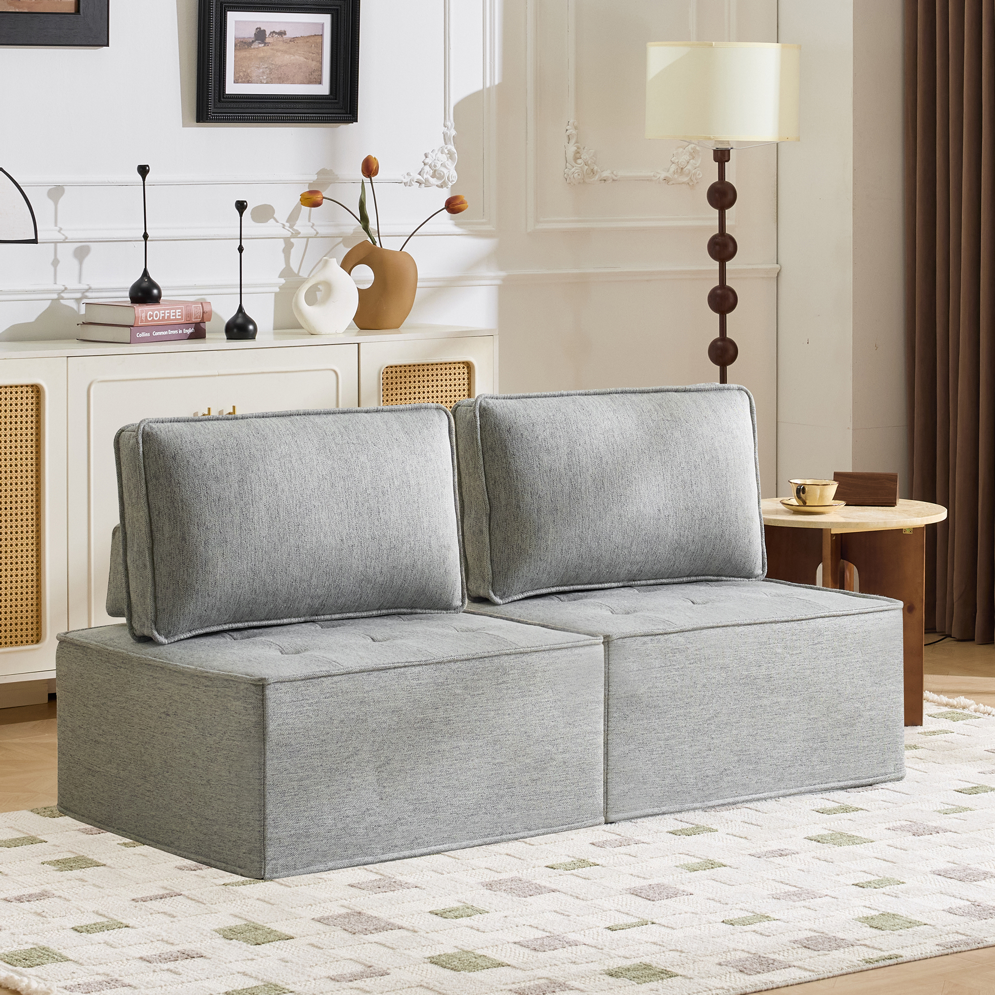 Fauteuil Structure Panneaux De Bois Revêtement Lin Gris Clair Dimensions 81x81cm