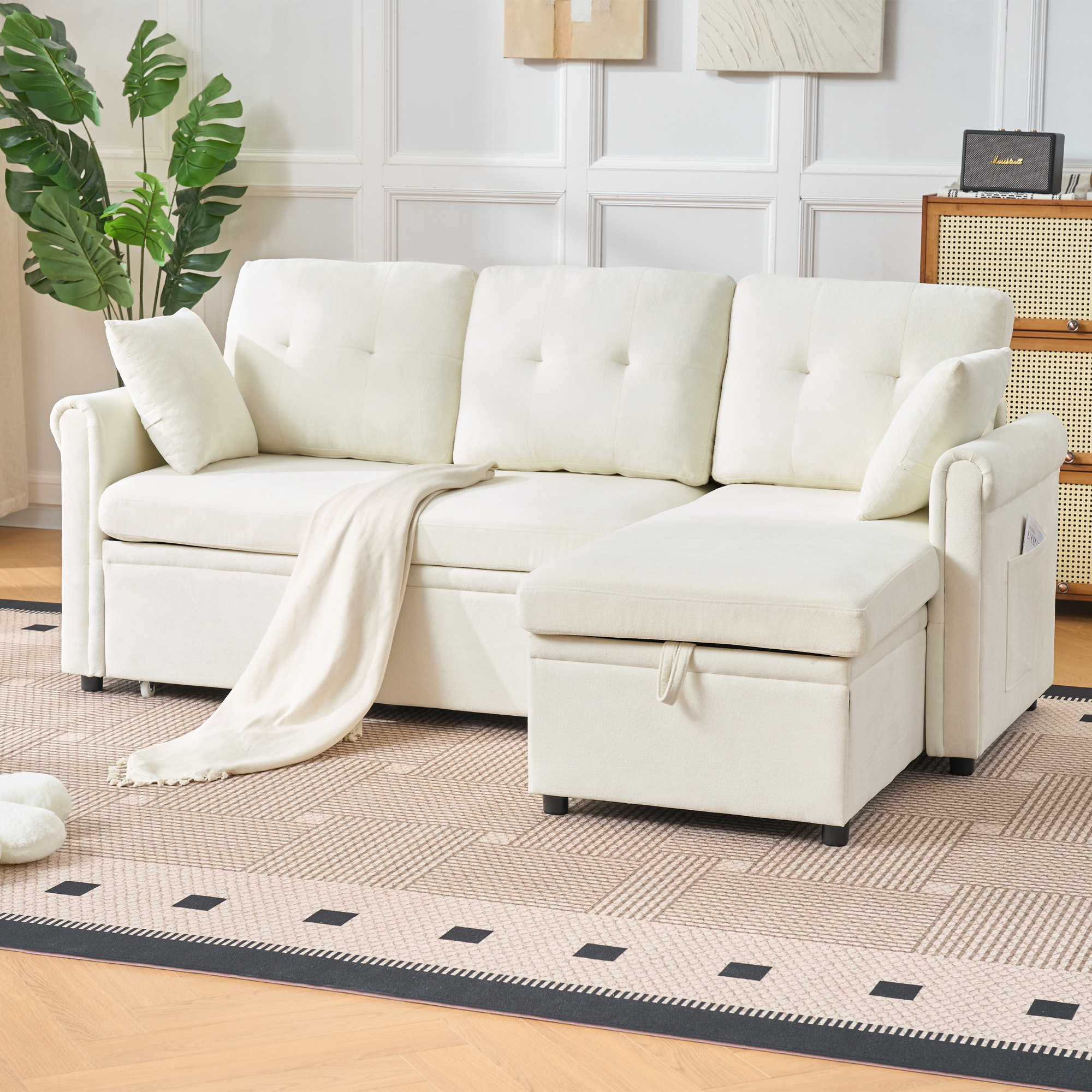 Canapé d'angle convertible beige en chenille avec coffre de rangement, structure réversible droite ou gauche, dimensions 206x130x85 cm pour le salon