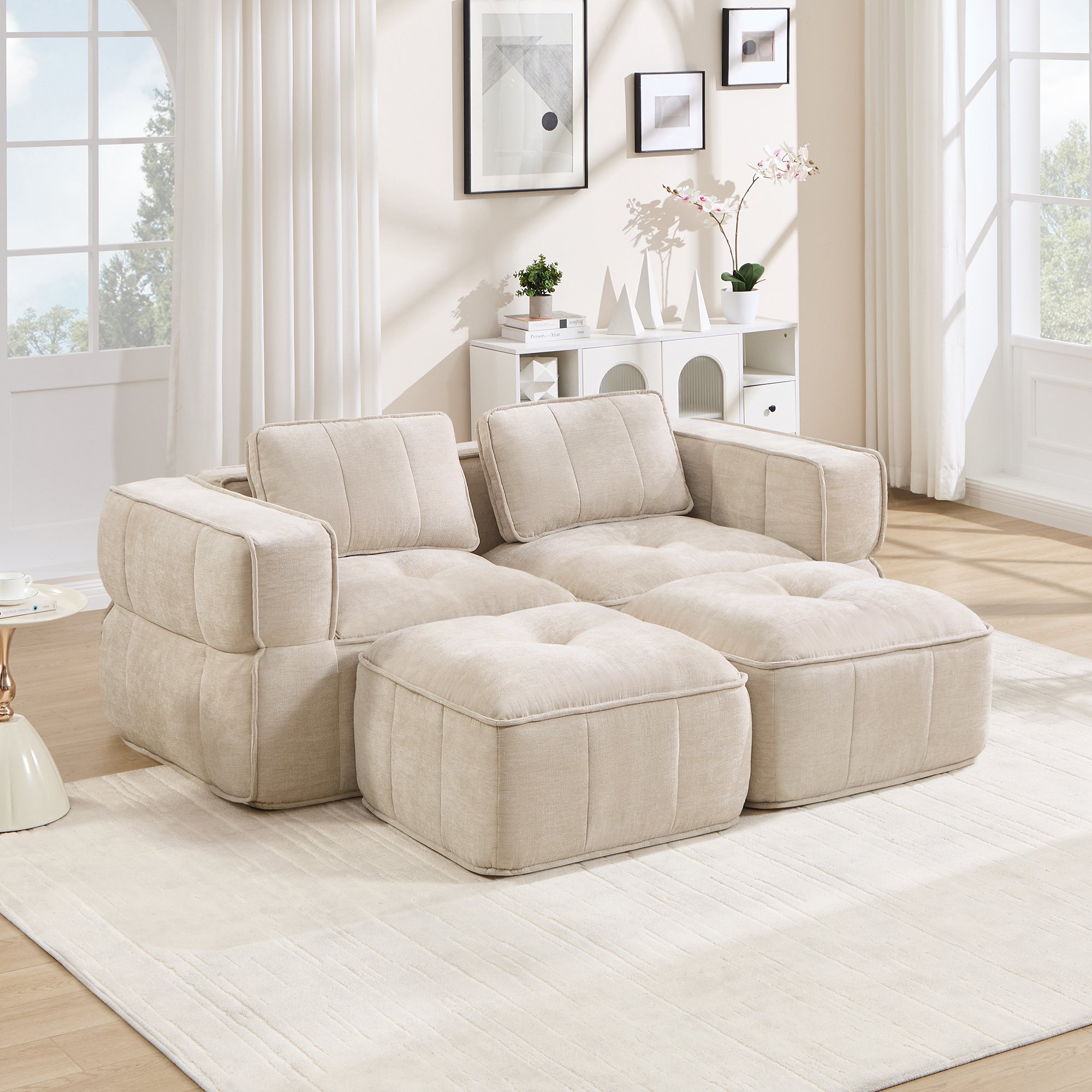 Canapé modulaire 2 places beige en tissu polyester avec deux poufs, assise profonde mousse haute densité pour salon moderne