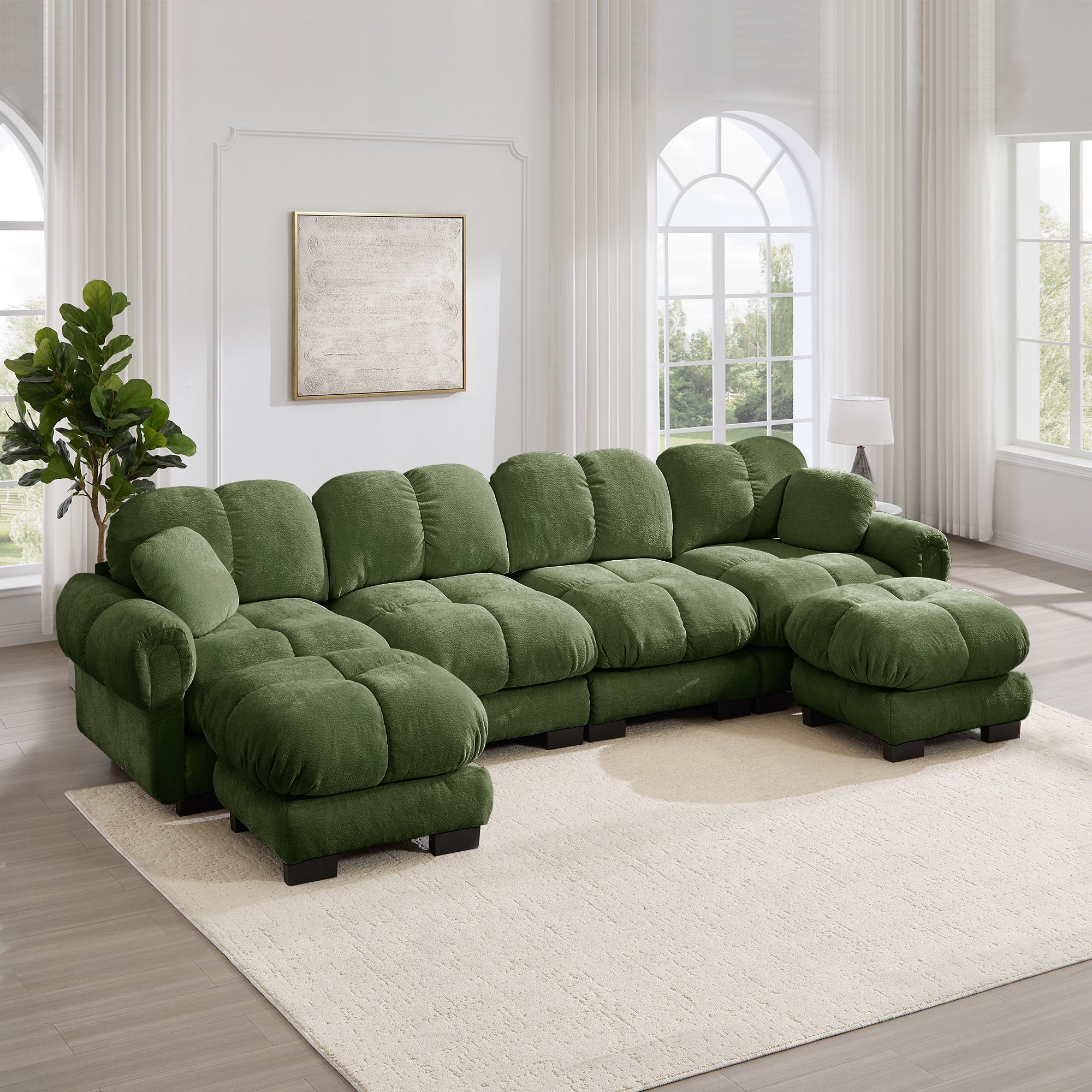 Canapé Modulable 4 Places En U, Canapé D'angle Panoramique Avec Tissu Chenille Vert, Design Ergonomique Et Coussins Matelassés Pour Salon Moderne