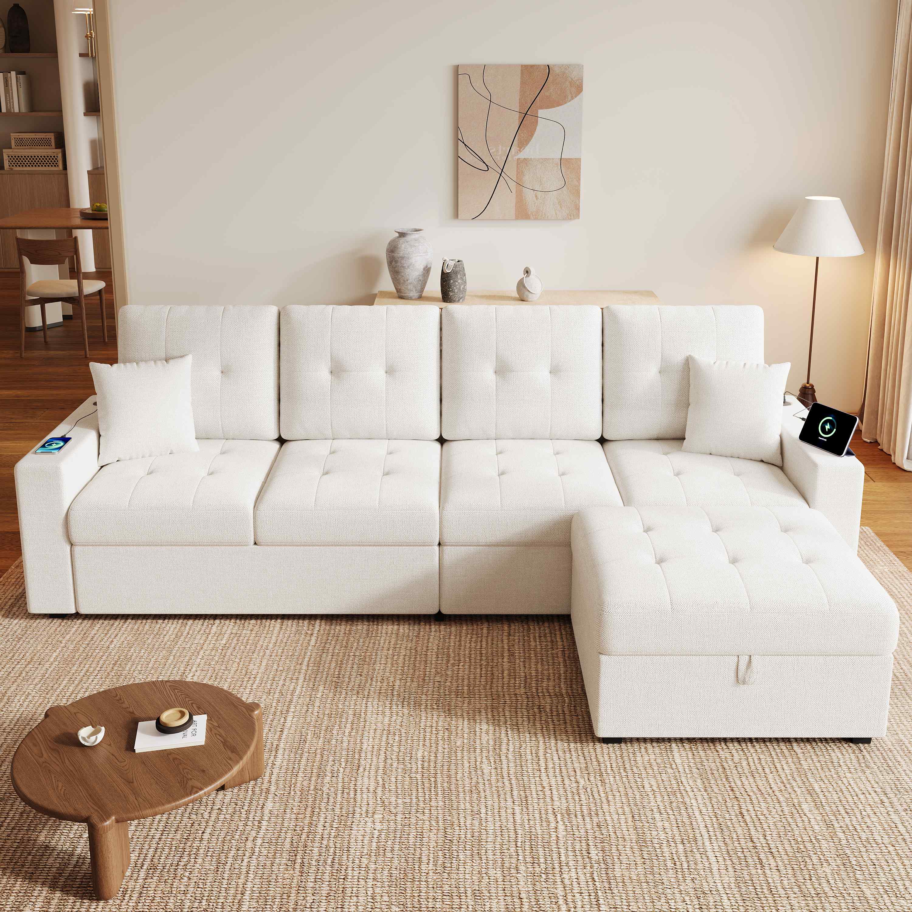 Canapé d'angle beige avec pouf amovible à rangement caché, lumière LED pilotée par app et connecteurs USB Type-C intégrés