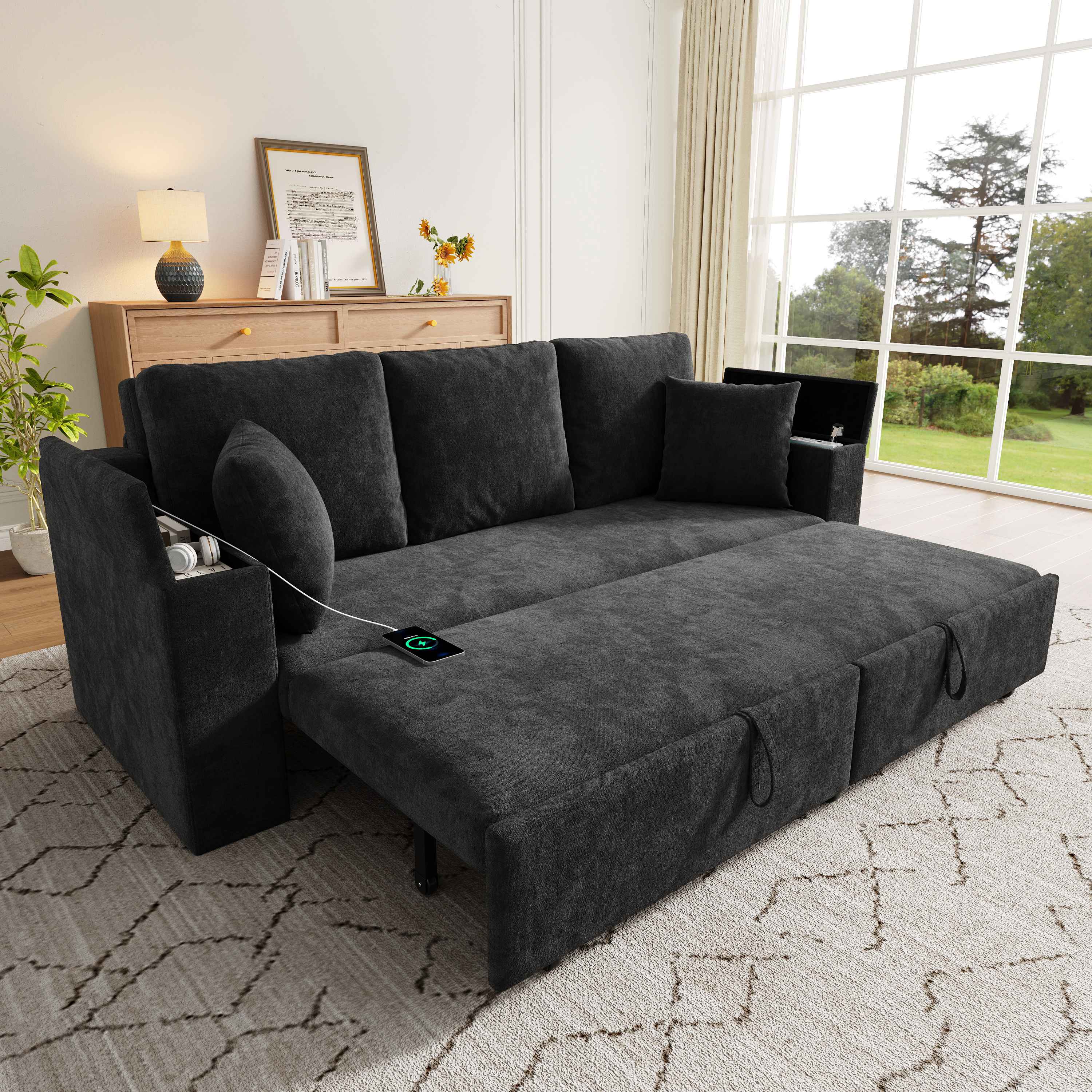 Canapé-lit 3 places avec fonction sommeil rapide, ports USB et Type-C dans les accoudoirs, rangements intégrés, tissu chenille gris