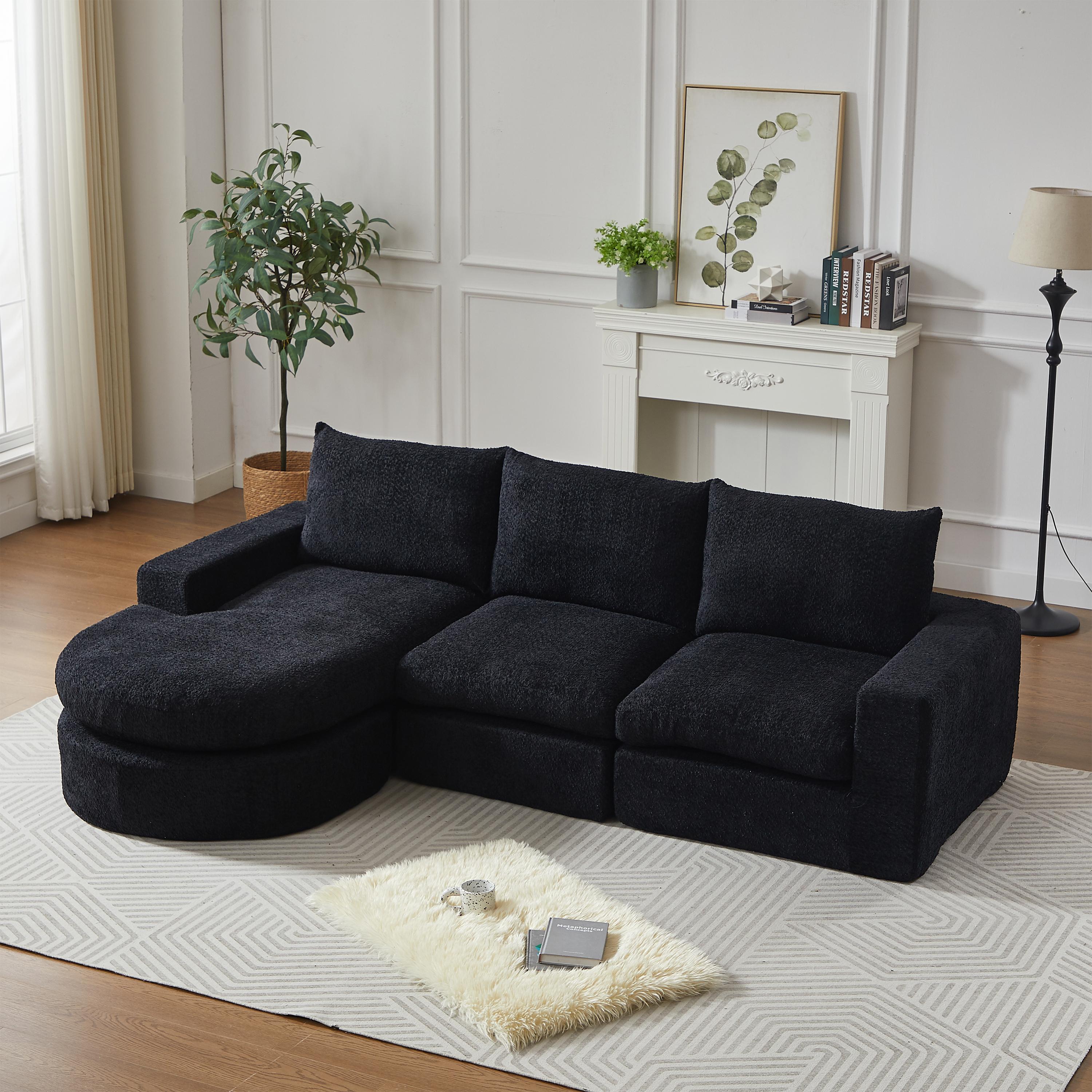 Canapé Modulable Noir Chenille Sans Structure, Mousse Haute Densité, Confort Ergonomique et Design Contemporain pour Salon Moderne