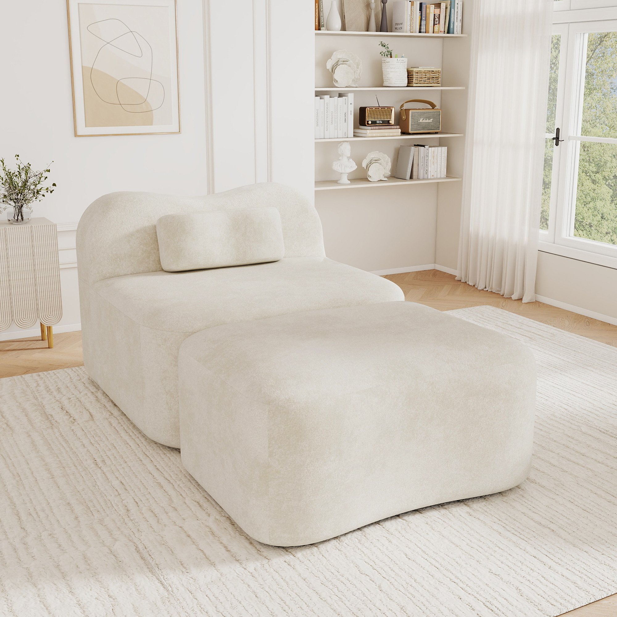 Canapé Confort Mousse Haute Densité 32D avec Pouf Intégré, Structure Sans Cadre Flexible et Ergonomique pour Détente Quotidienne