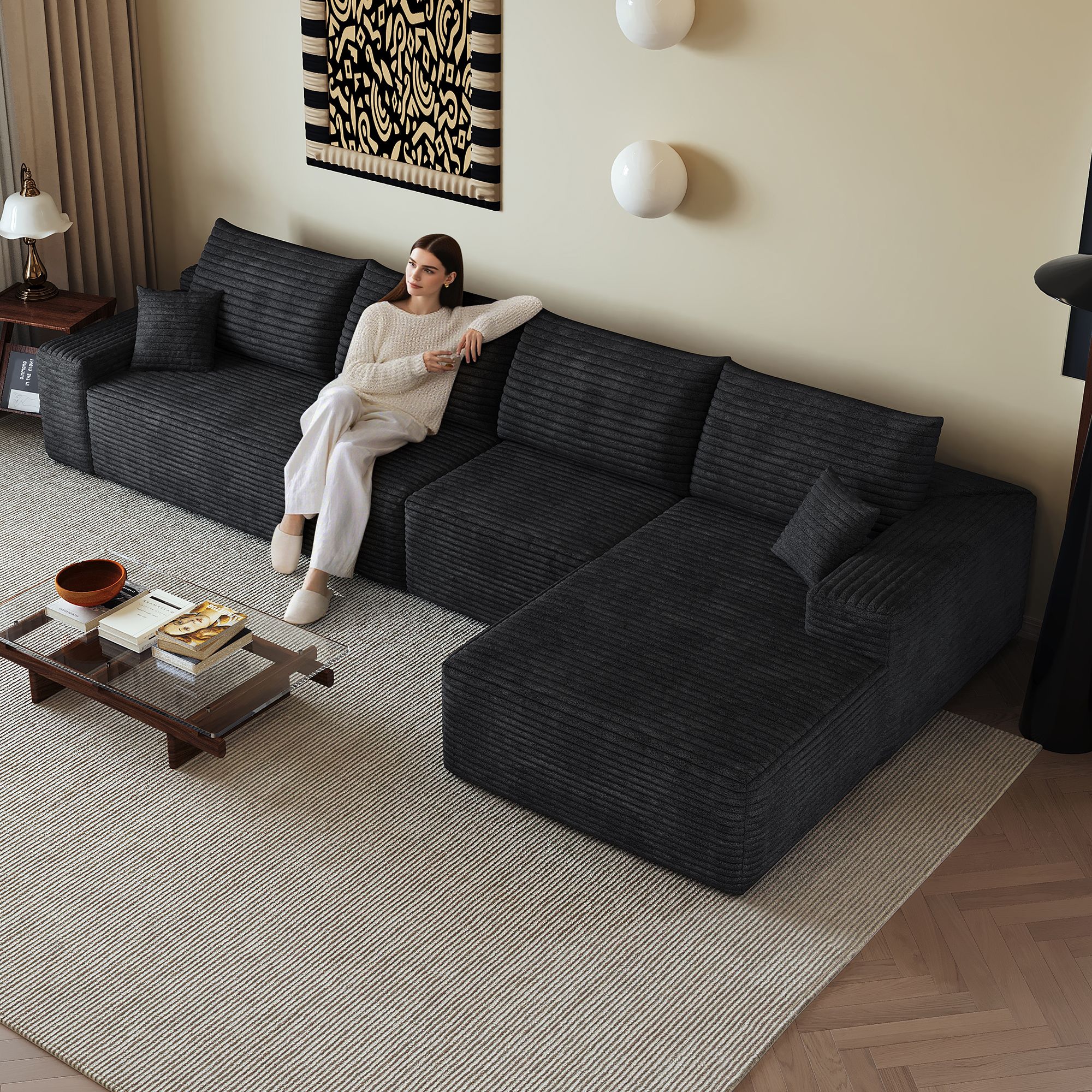 Canapé d'angle 340x175 cm noir en tissu côtelé, structure modulaire sans montage, assise profonde confortable pour salon et appartement