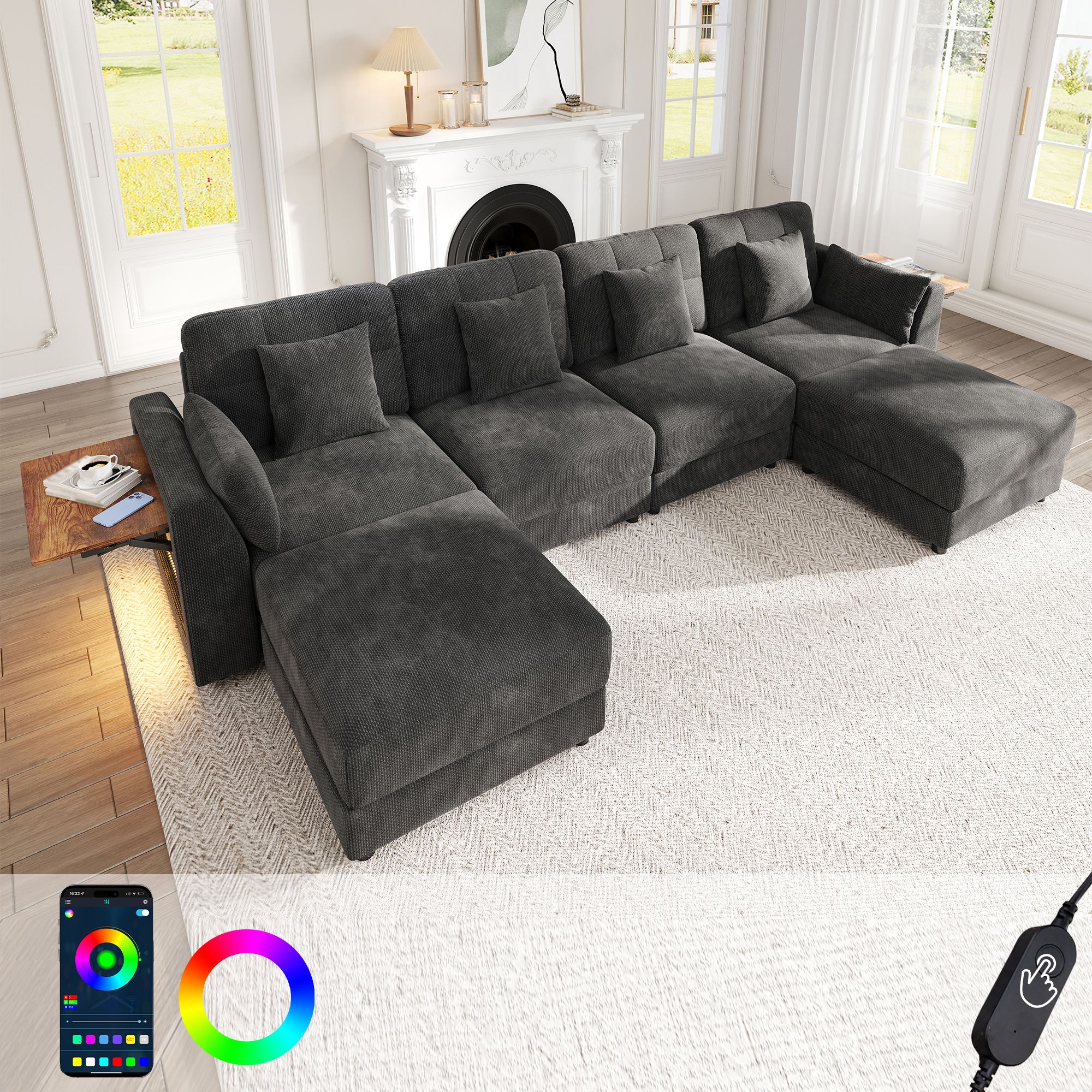 Canapé d'angle modulable 292x135cm en tissu chenille gris, ensemble 6 places avec 2 poufs mobiles, coussins inclus et structure bois massif pour salon contemporain