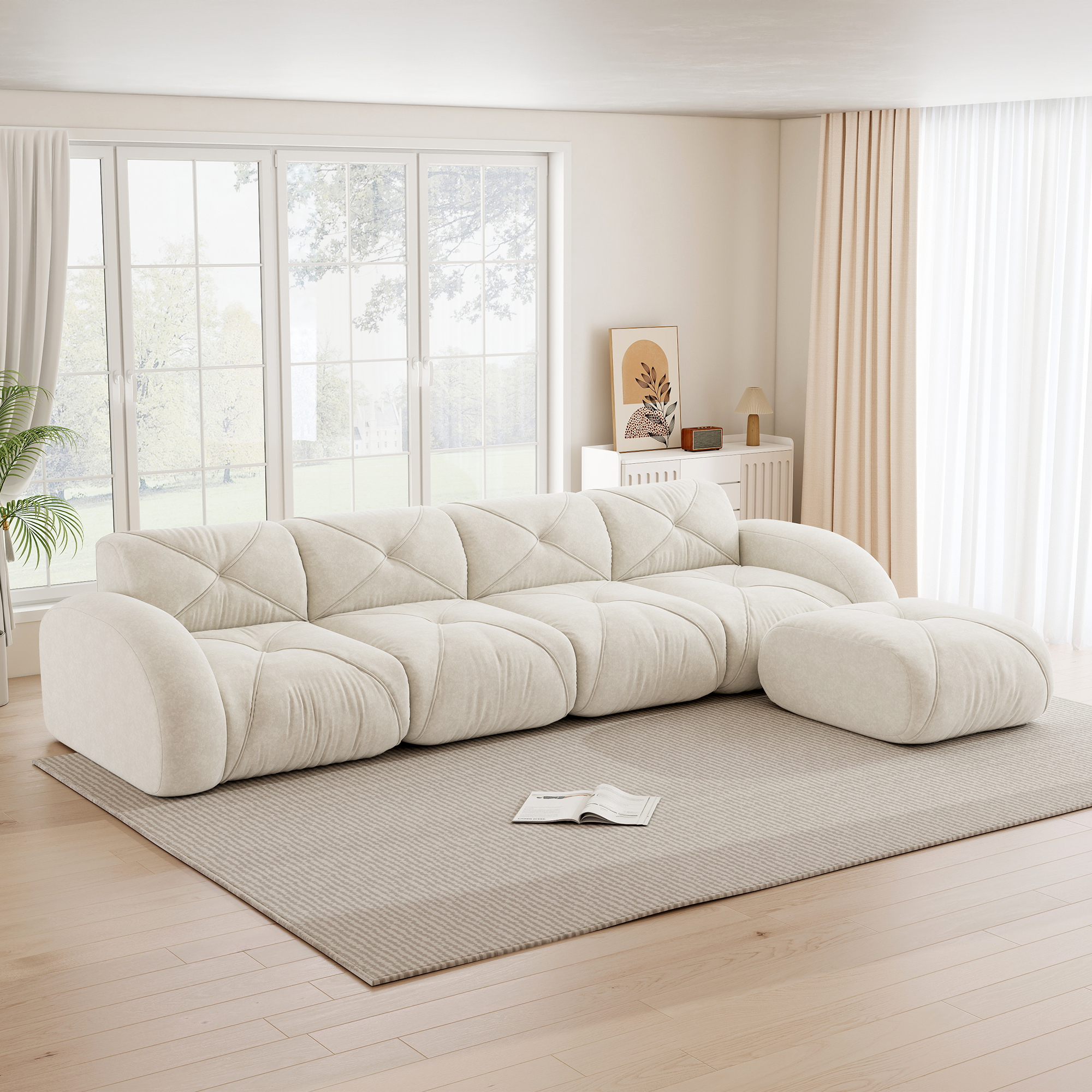 Fauteuil Canapé D'angle L Modulaire 4 Places En Chenille Beige Clair Avec Repose-Pieds Et Base Antidérapante Pour Salon Contemporain