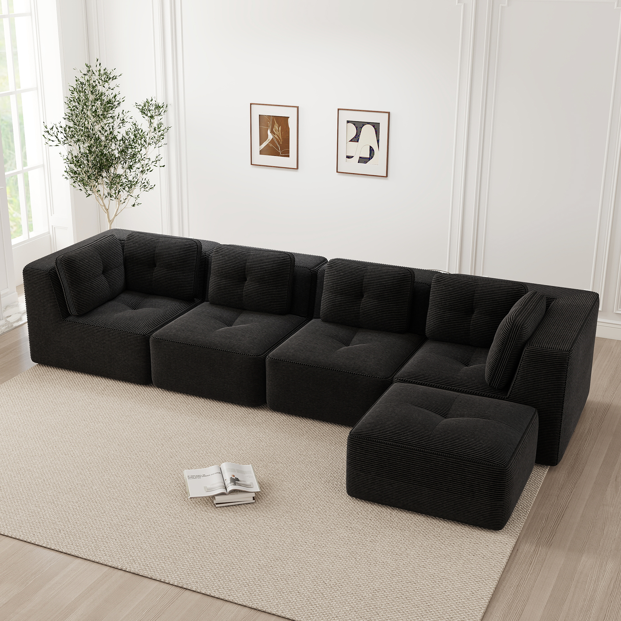 Canapé Modulable 4 Places Noir Tissu Côtelé Respirant Structure Sans Cadre Rigide Pieds Antidérapants Confort Salon Moderne