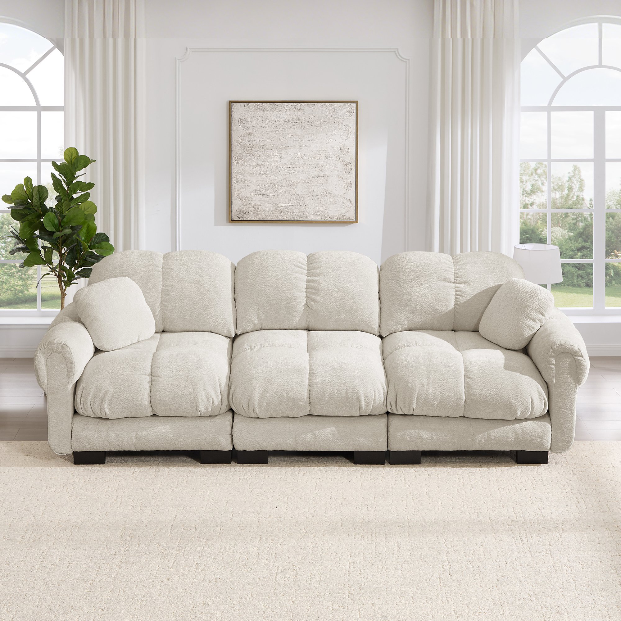 Canapé 3 places en chenille kaki clair, design capitonné avec coussins inclus, structure modulable pour salon contemporain