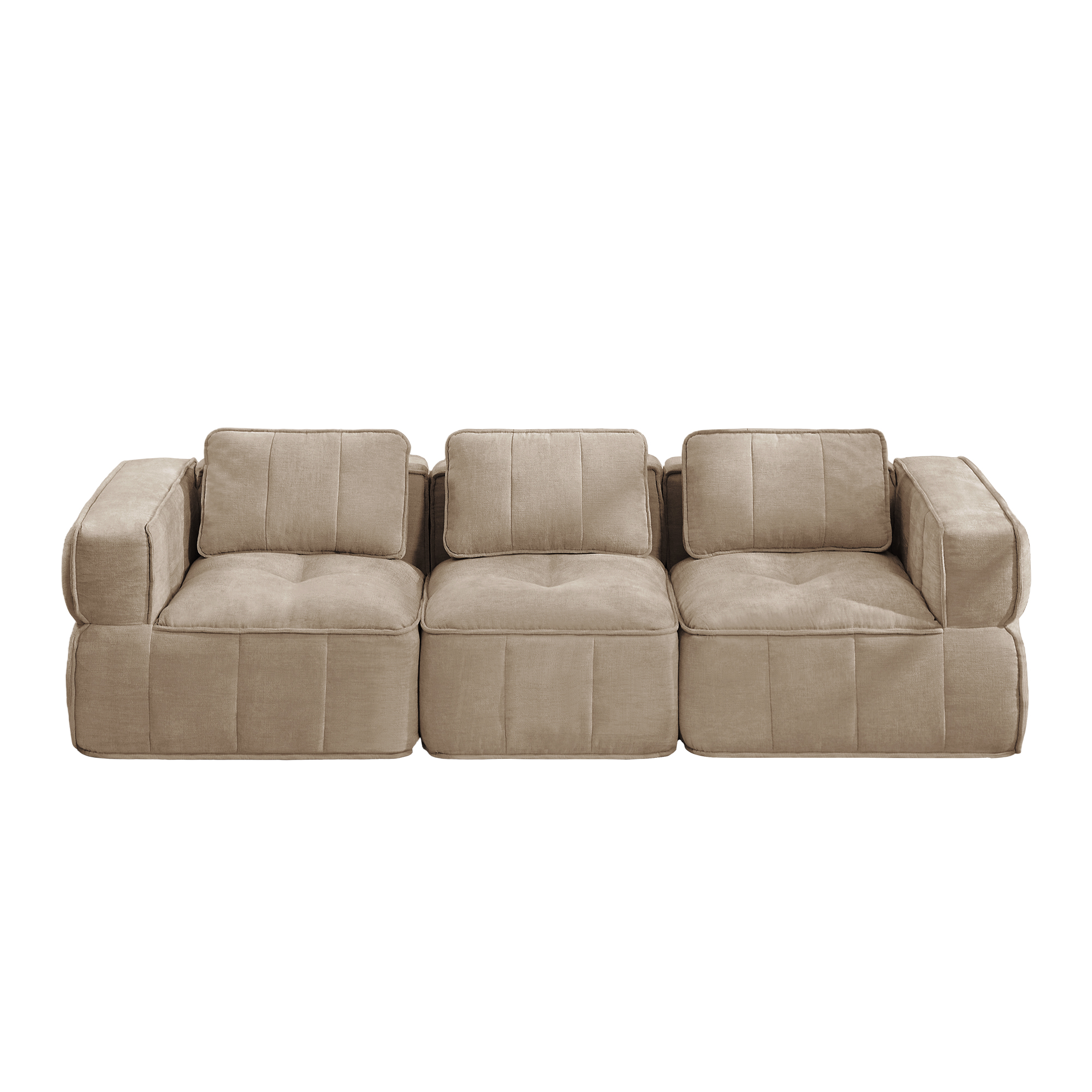 Canapé modulable 3 places en tissu polyester couleur sable, design sans structure, mousse haute densité 32D, dimensions 271x93x67cm, idéal pour le salon moderne et confortable.