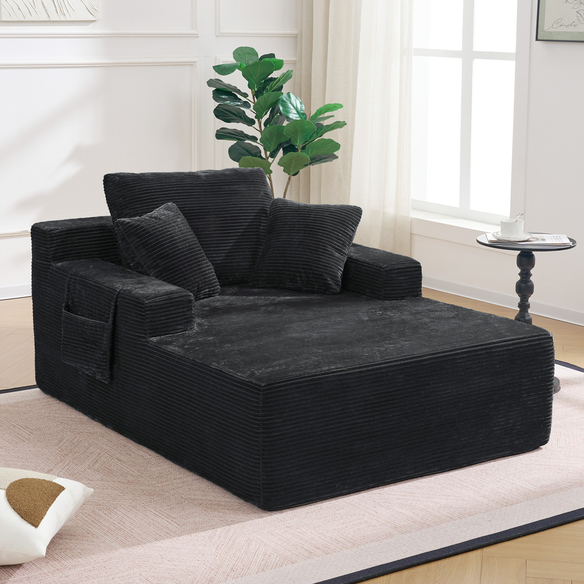 Canapé droit avec rangements intégrés dans les accoudoirs, coussins rembourrés haute densité, style rétro noir, prêt à utiliser