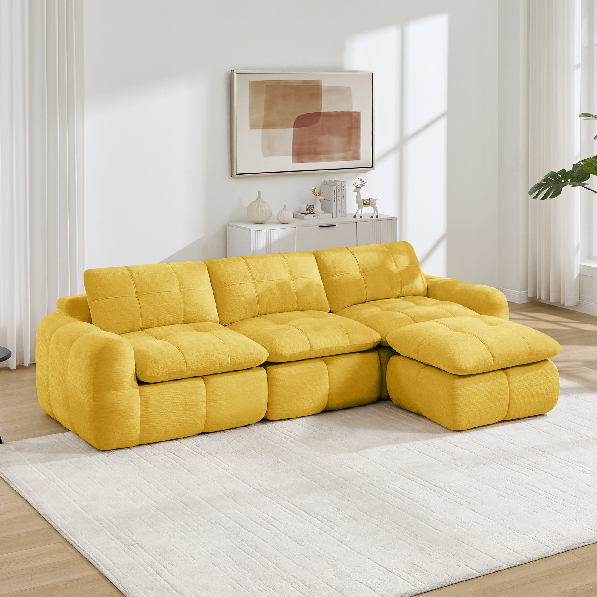 Canapé d'angle modulable 3 places jaune en tissu chenille sans cadre avec ottoman, mousse haute densité 32D pour salon et appartement moderne