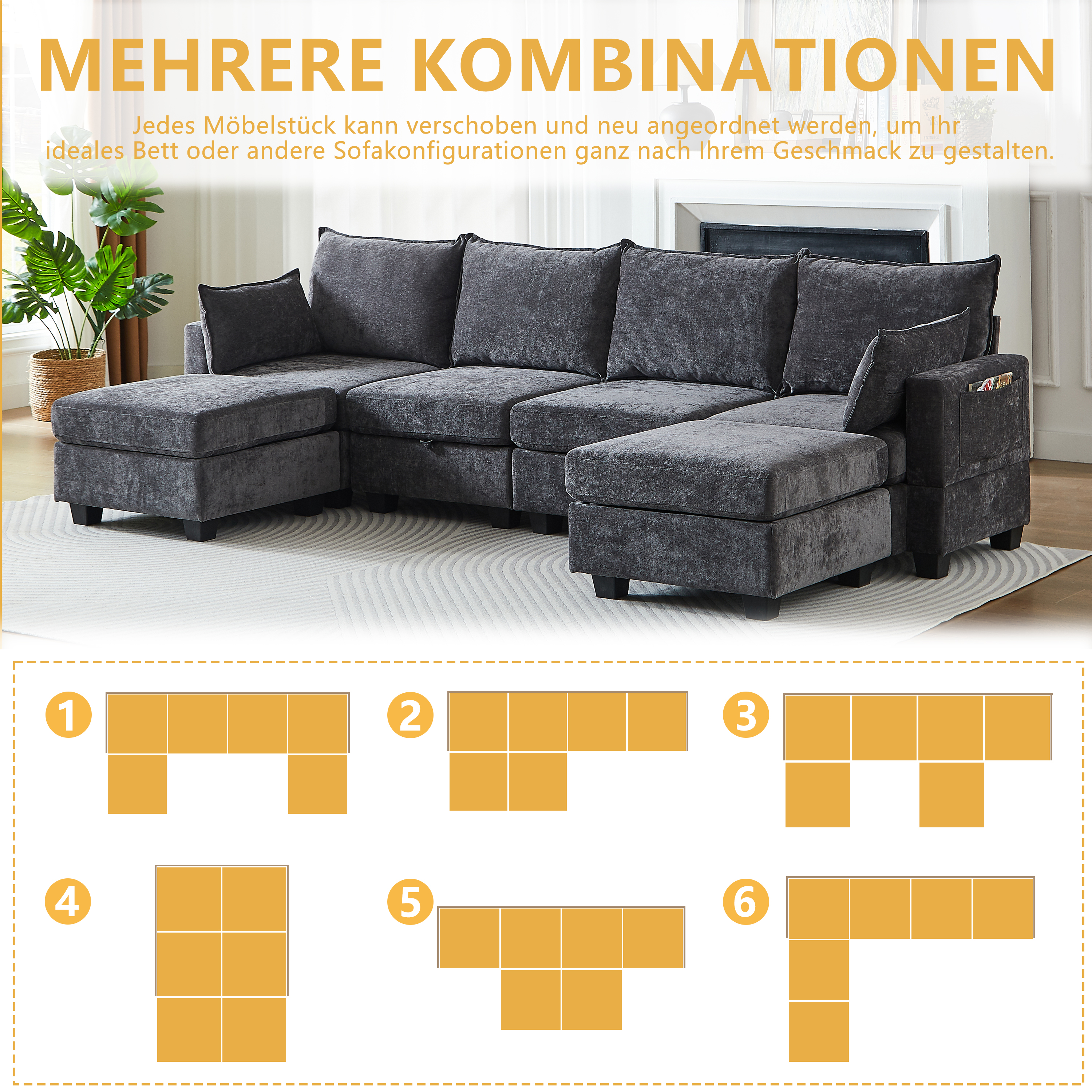 Canapé Modulable 6 Places En U Avec Rangement Intégré, Canapé D'angle Convertible Lit Pour Invités, Revêtement Chenille Gris