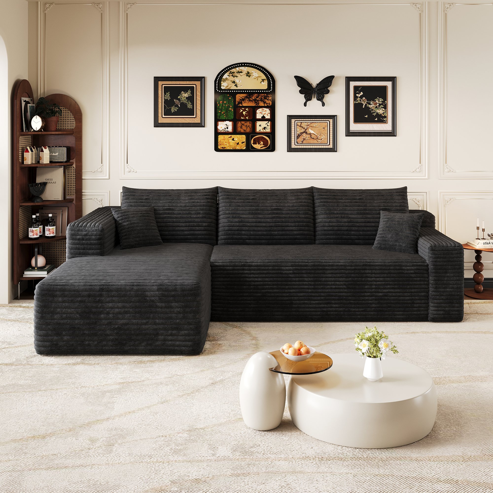 Canapé d'angle noir en tissu côtelé avec rembourrage mousse, structure L-forme de 241x151x58 cm, style nuage moderne pour le salon