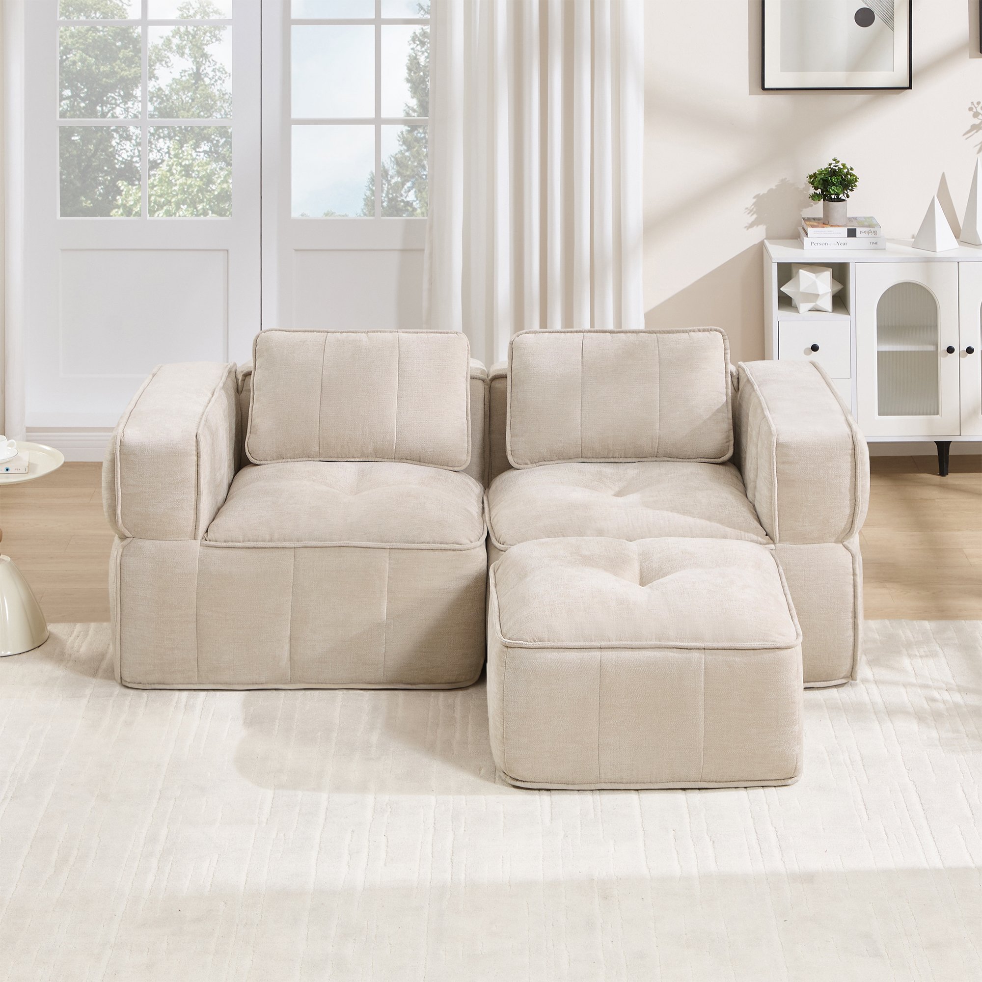 Canapé d'angle modulable 2 places beige sans structure avec ottoman, tissu polyester, assise profonde, pour salon moderne