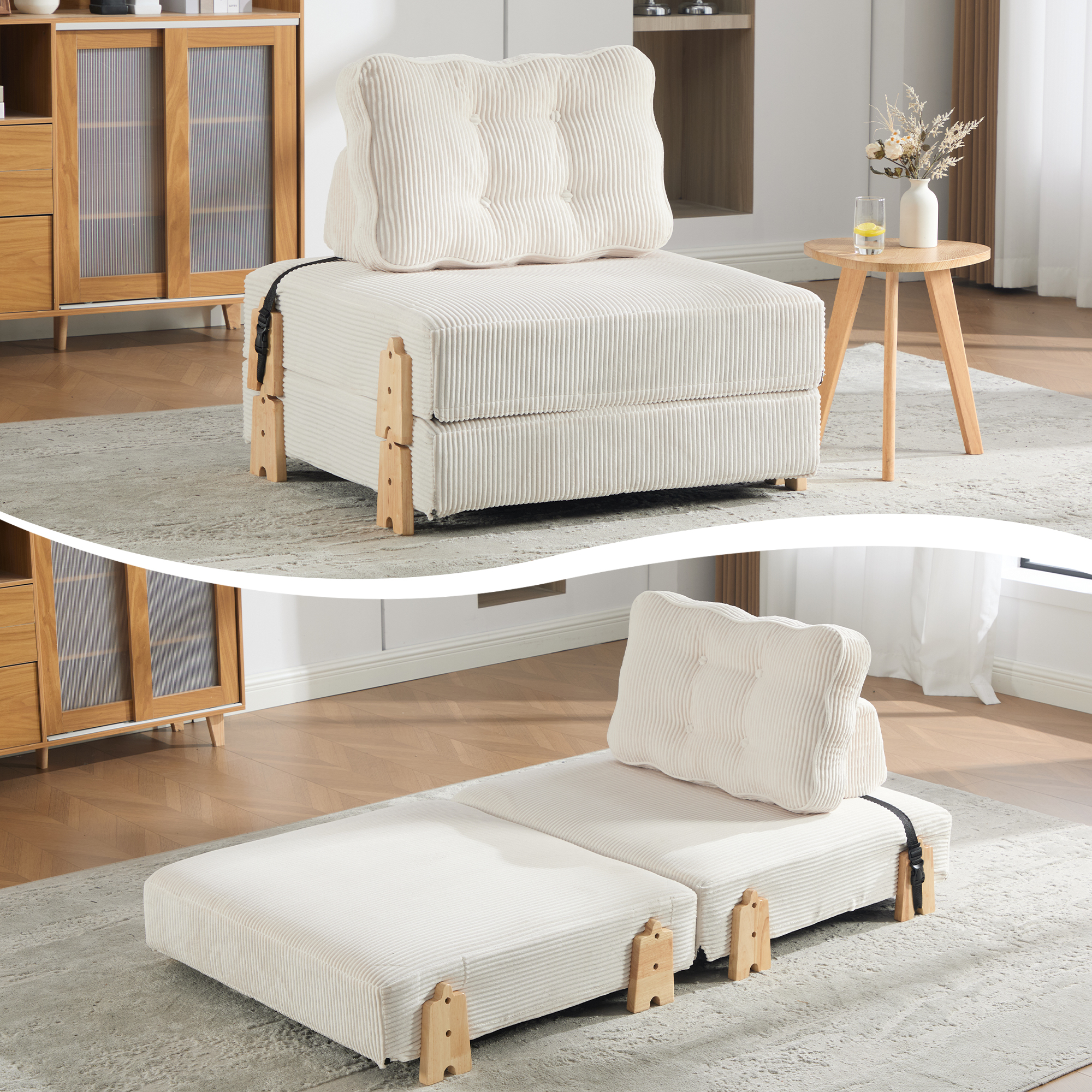 Lit rembourré scandinave beige 90x170 cm en velours côtelé avec structure en bois massif pour petit espace