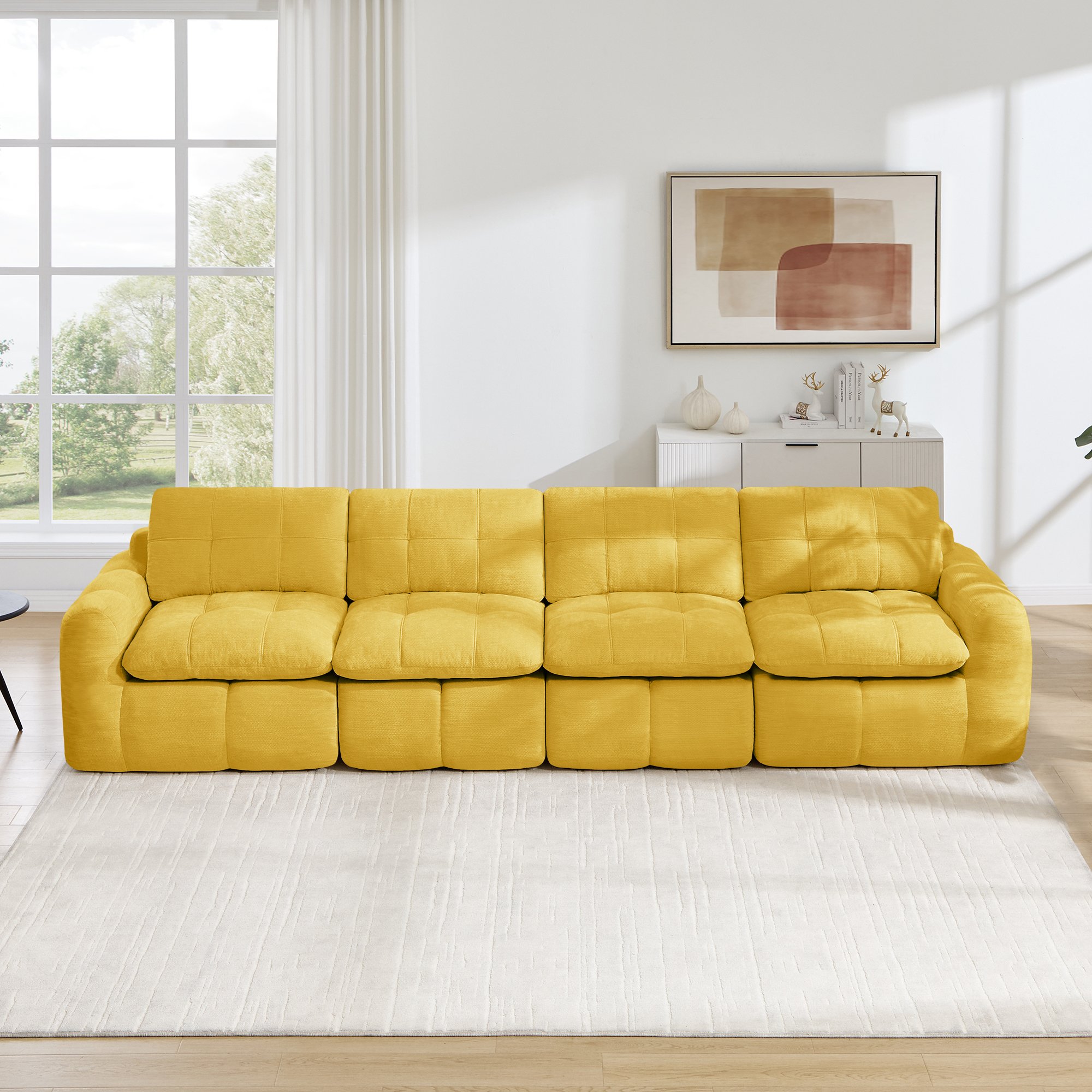 Canapé modulable sans cadre 4 places en chenille jaune avec mousse 32D haute densité pour salon et appartement
