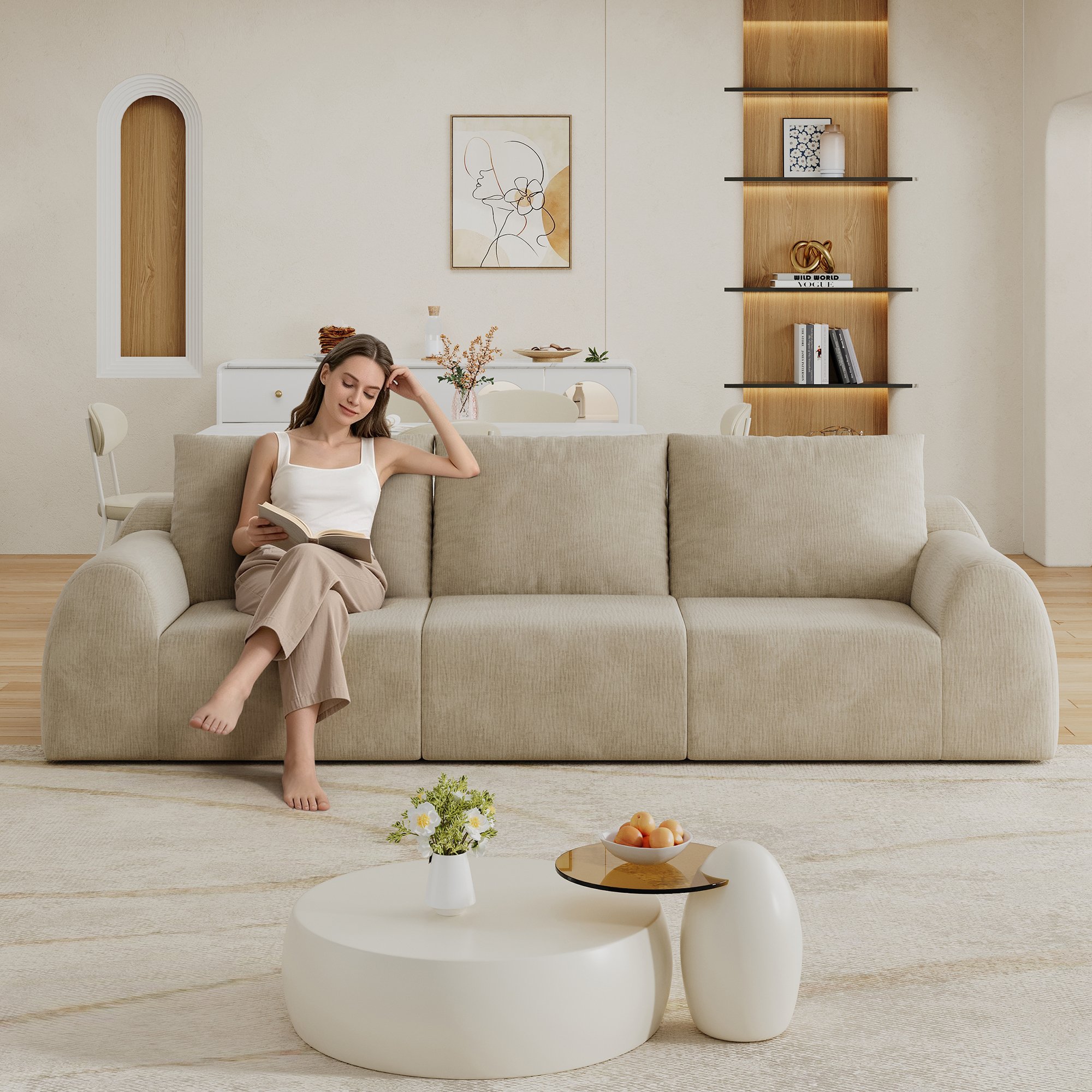 Canapé droit 257 cm largeur totale, profondeur 95 cm hauteur 85 cm, poids 42,2 kg, expédition sous vide en 3 colis, prêt à installer