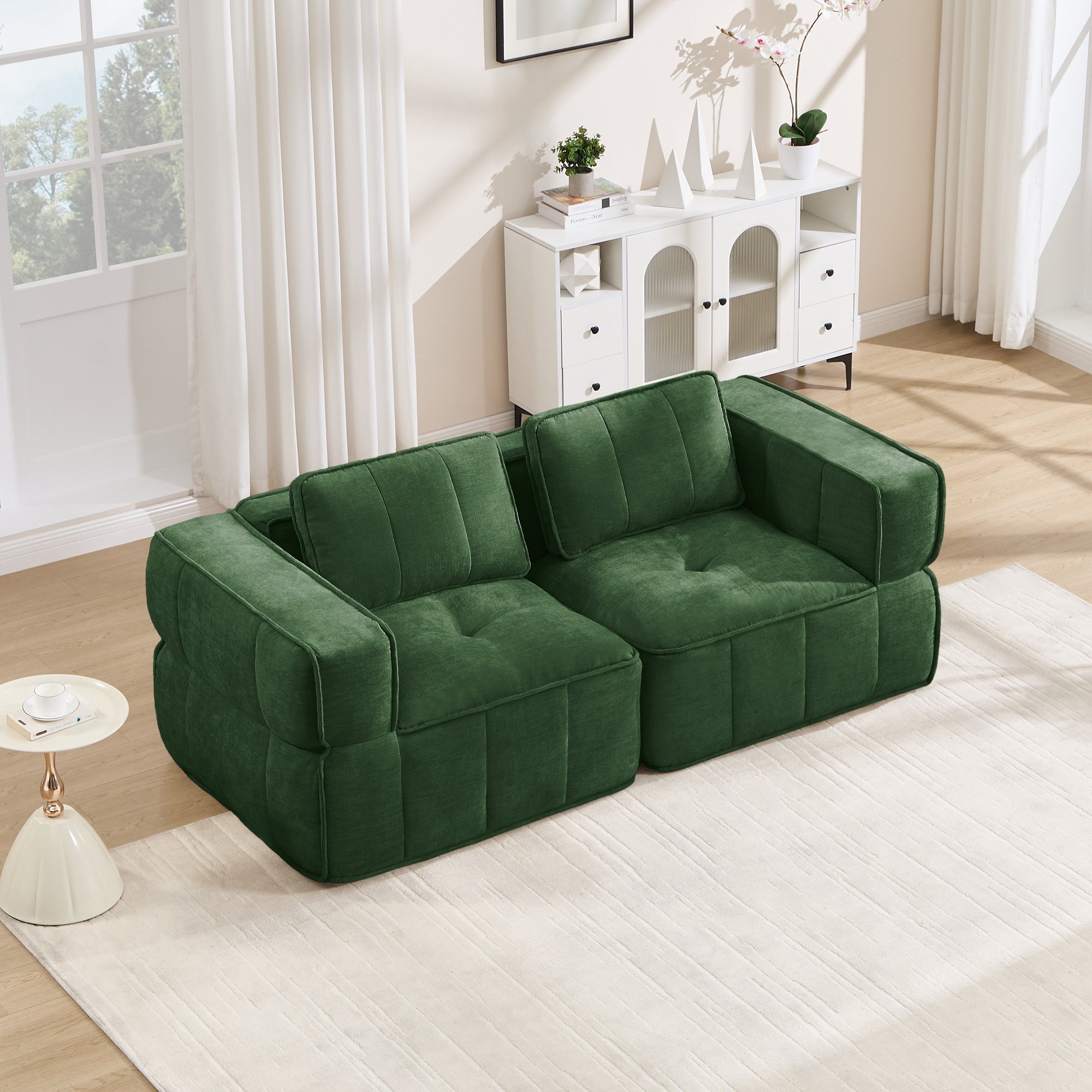 Canapé 2 places vert en polyester, canapé d'angle sans cadre avec mousse haute densité 32D, assise profonde et confort moderne pour le salon, aucune installation requise.
