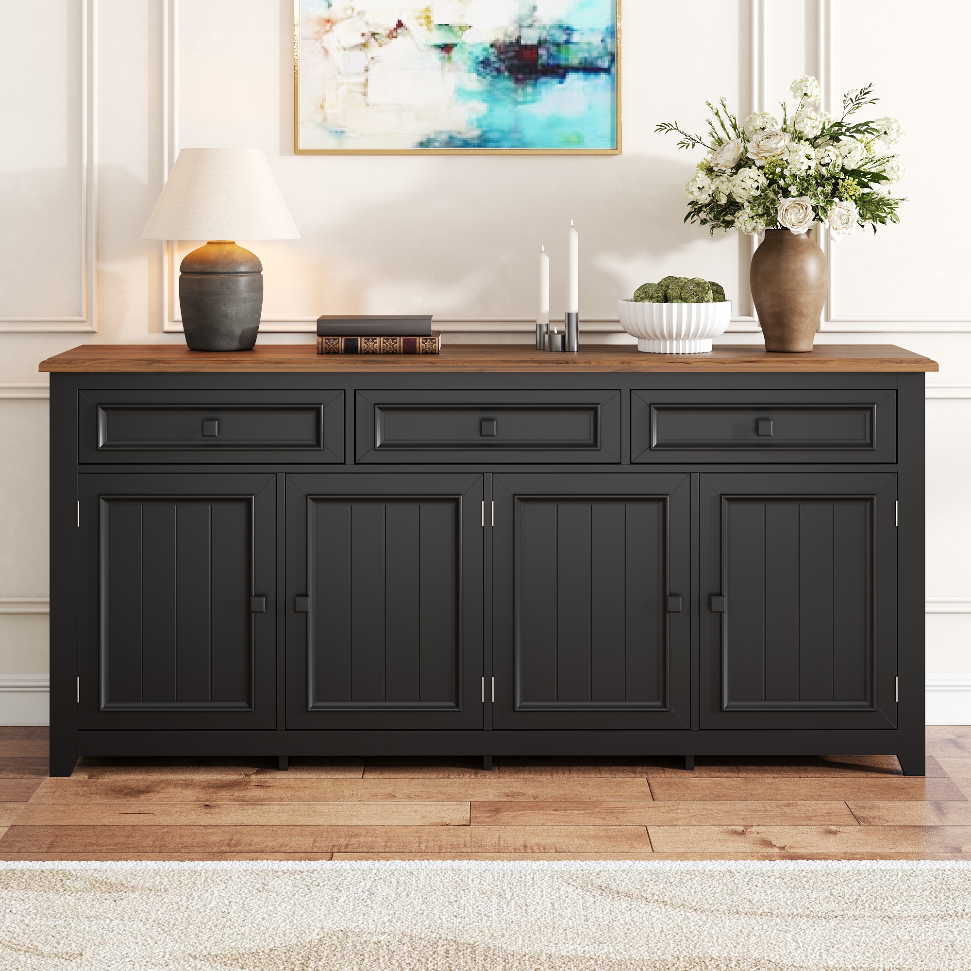 Buffet Noir En Panneau composite de fibres de bois à densité Avec 4 Portes Et 3 Tiroirs, Meuble De Rangement Moderne Avec Étagères Réglables Pour Salon Ou Entrée