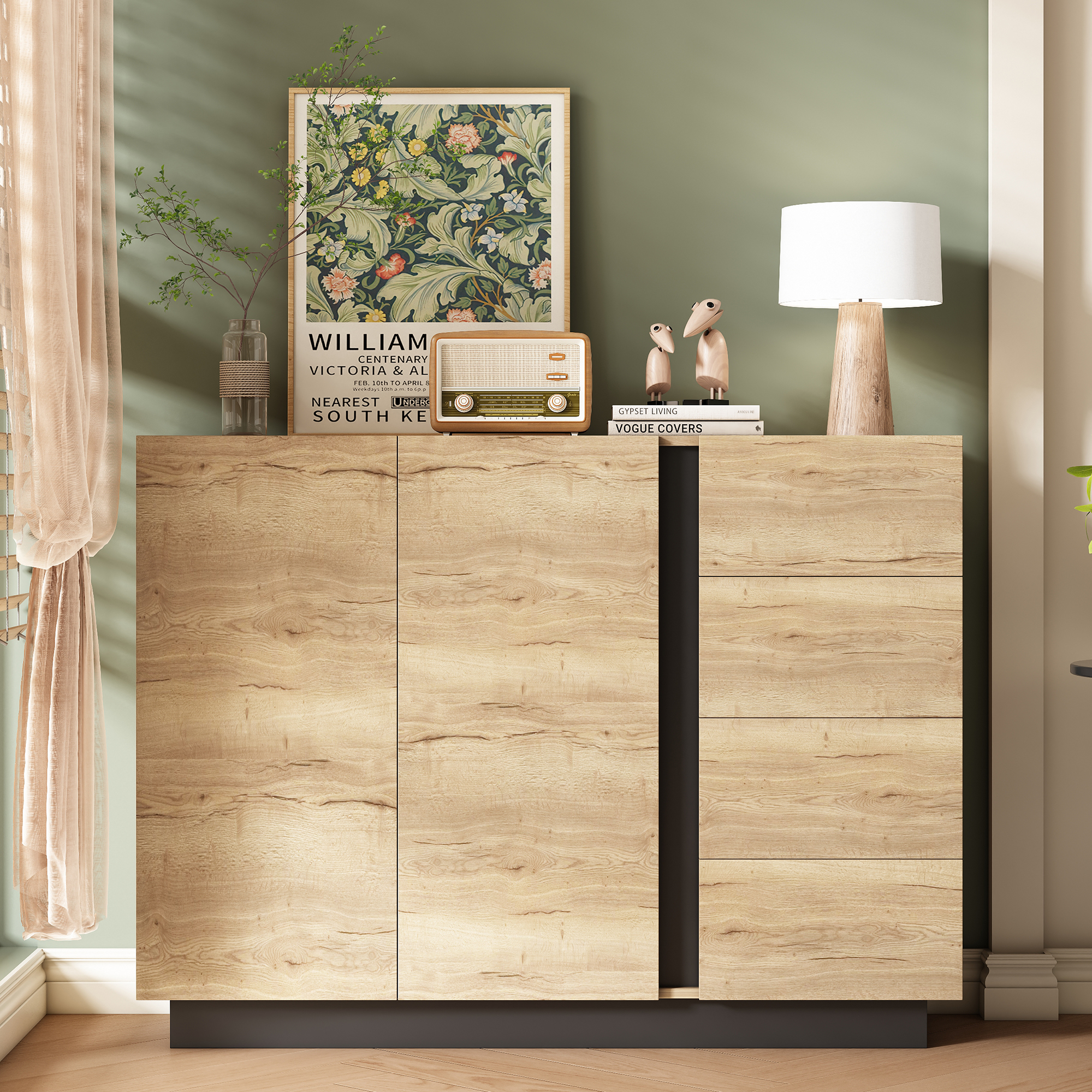Buffet en Panneau de Particules, Meuble de Rangement 120x90,5cm, Structure Noire et Naturelle, 4 Tiroirs Intégrés et 2 Portes