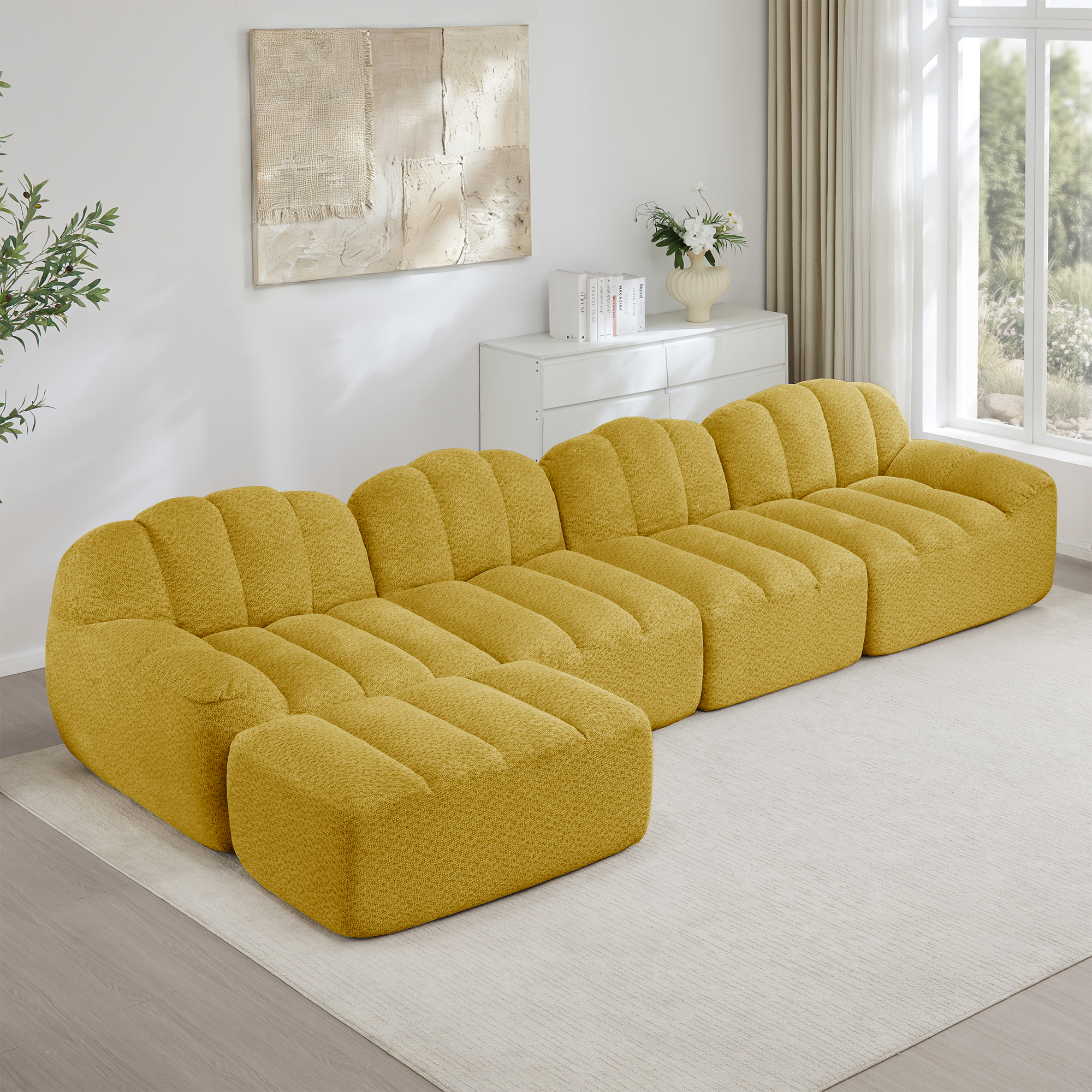 Canapé Modulable 4 Places avec Coffre de Rangement Intégré et Ottoman pour Salon Contemporain en Granular Fleece Jaune