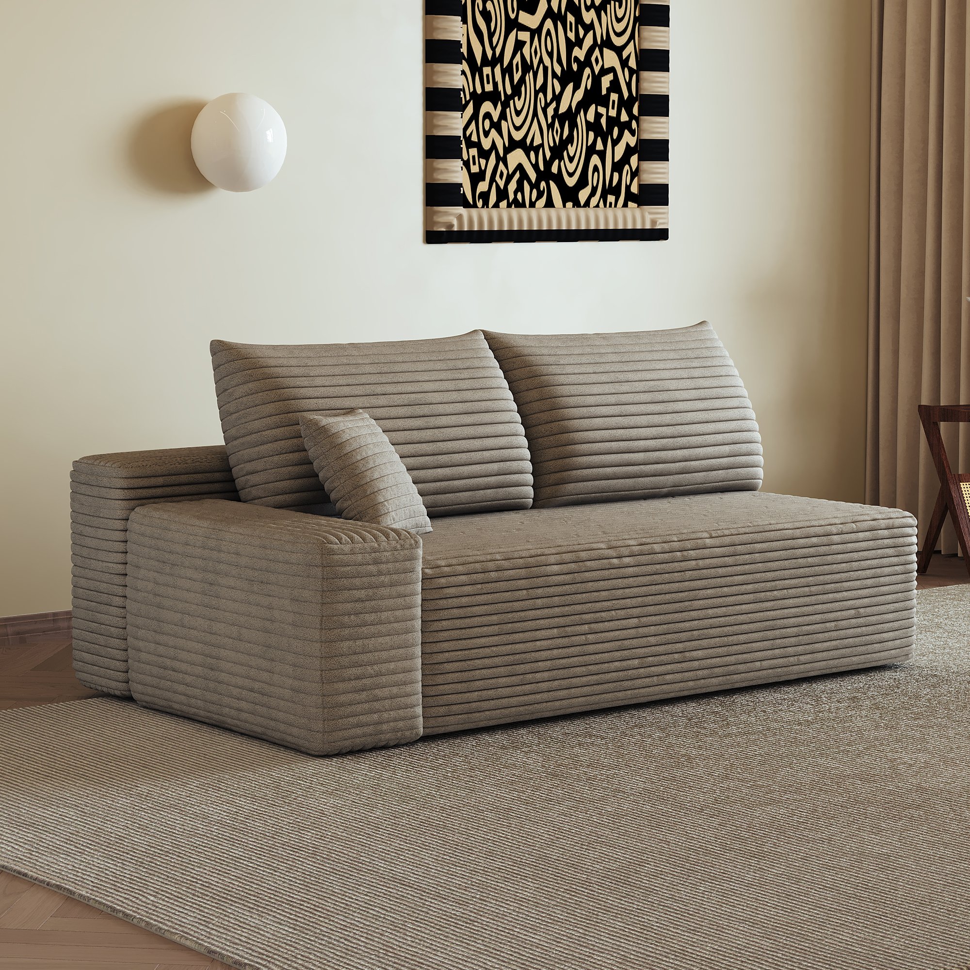 Canapé 2 places Camel en tissu velours côtelé, structure sans montage, dimensions 175x95x83 cm pour salon moderne et confortable