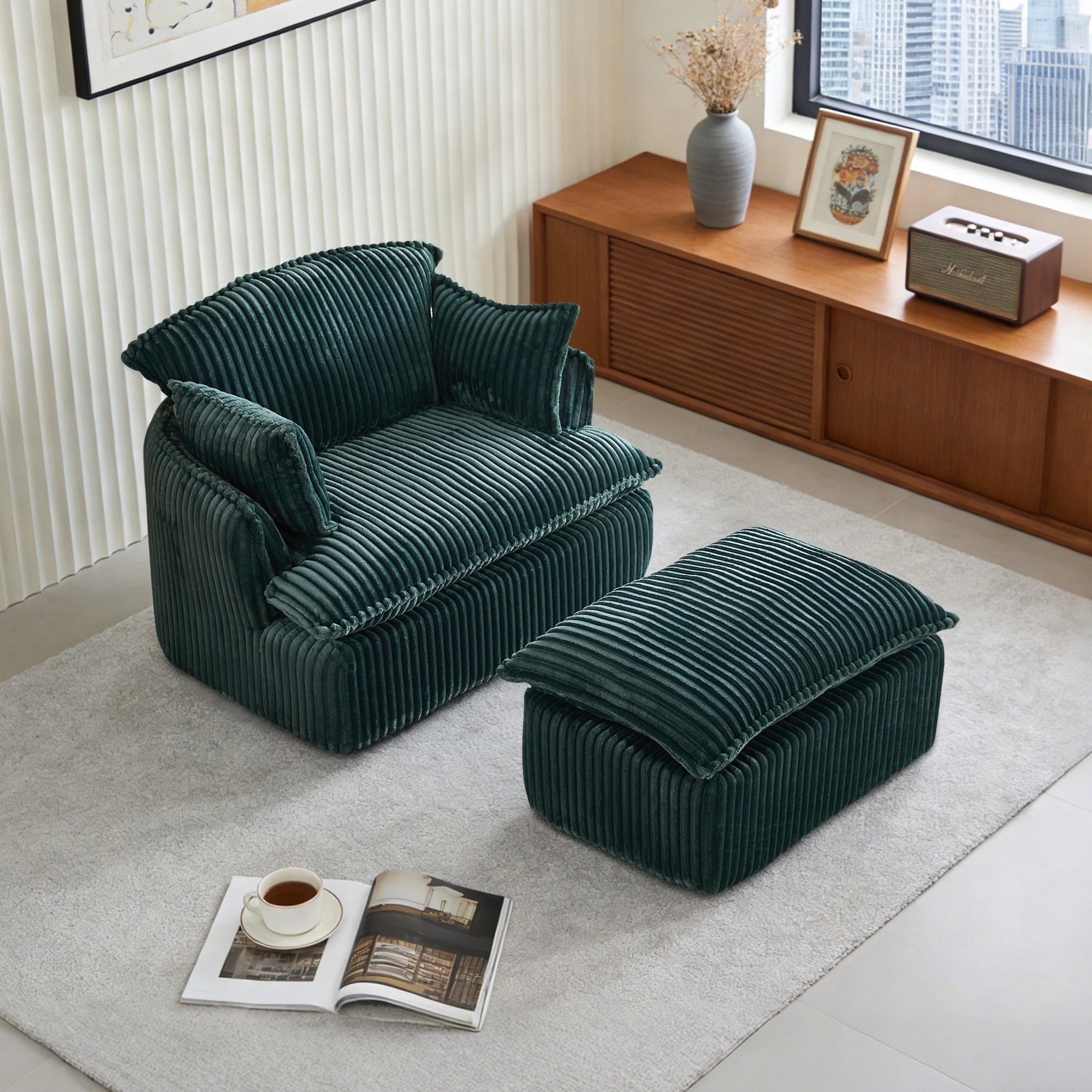 Fauteuil Compresse Dimensions 115x89x77 Cm Avec Repose-Pieds 101x41x65 Cm, Capacité Charge 180 Kg Couleur Verte Flanelle