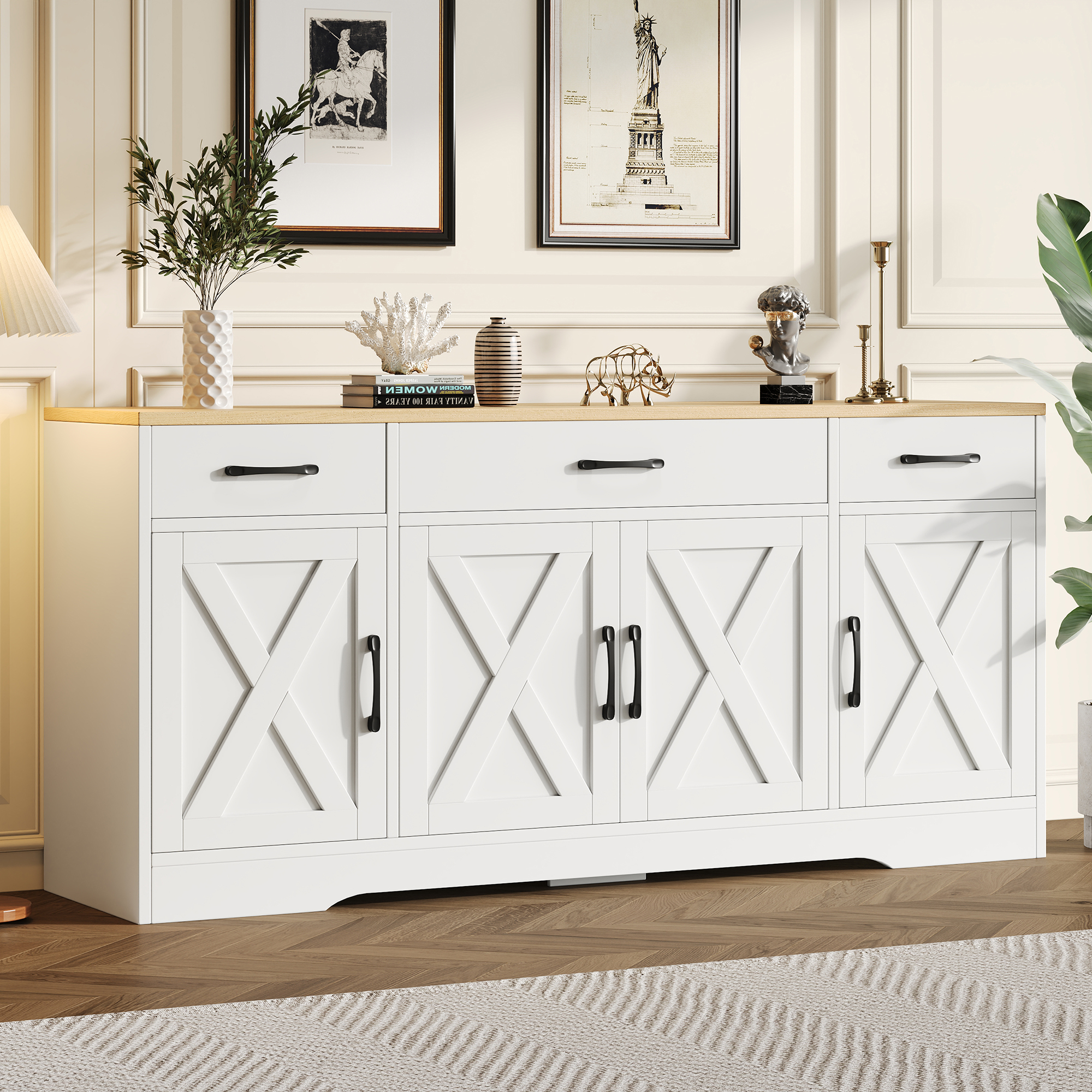 Buffet Blanc Moderne 160x37x75 cm, Meuble Rangement avec 3 Tiroirs Silencieux et 4 Portes pour Cacher Câbles TV et Routeur