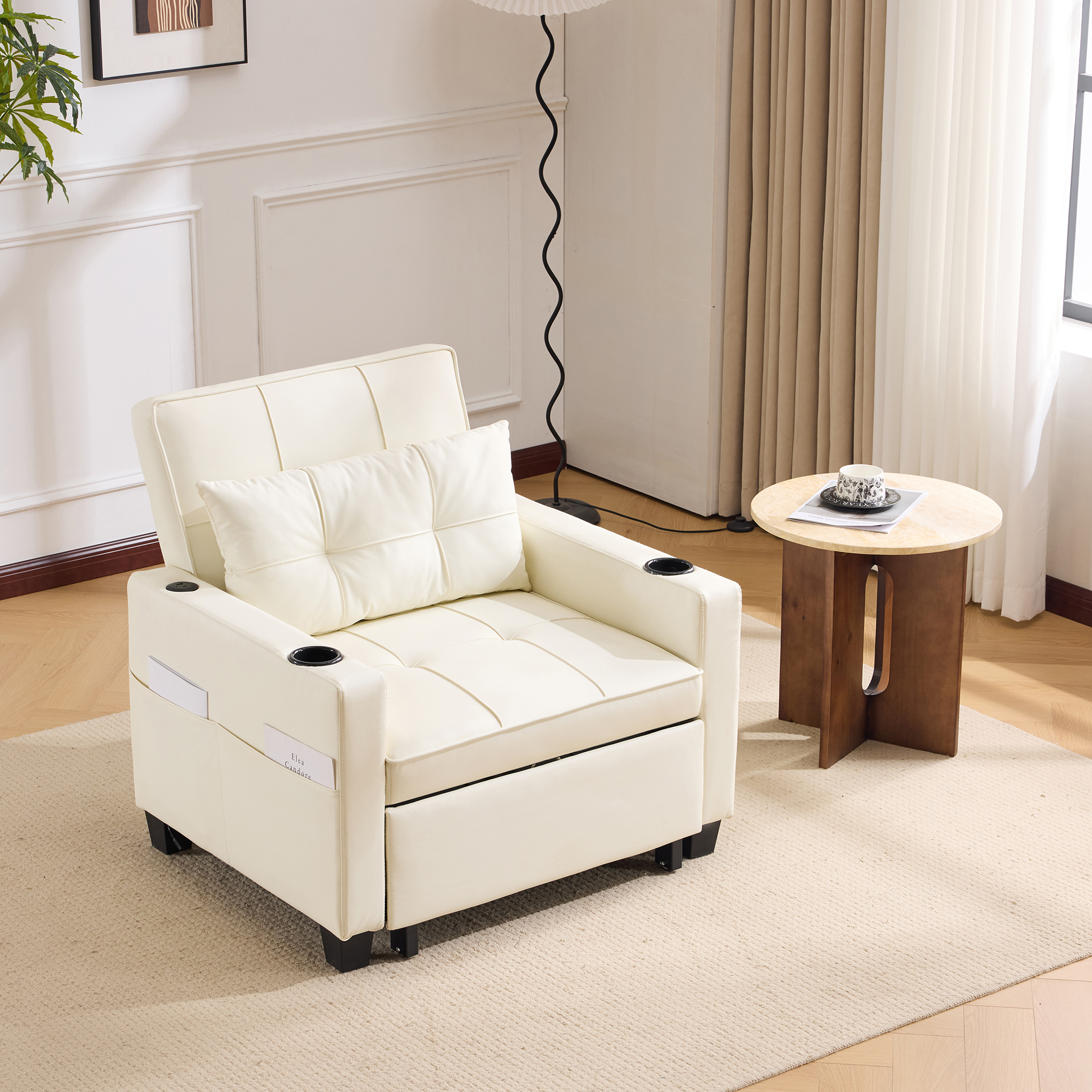 Fauteuil Convertible Blanc 1 Place - Canapé Lit Extensible avec USB et Porte-Gobelets, Design Moderne