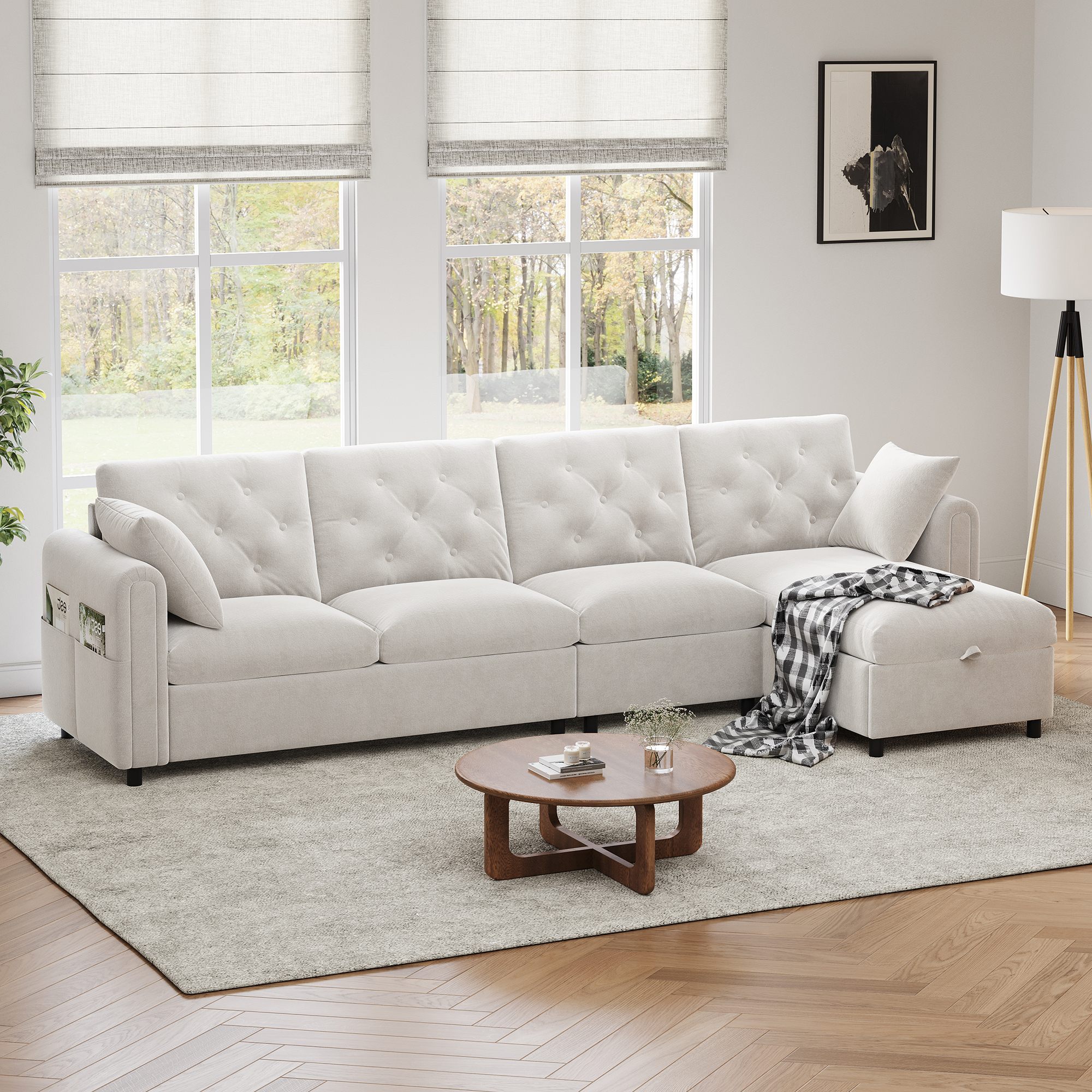 Canapé d'angle convertible beige en flanelle et polyester, structure métal et bois massif avec coffre