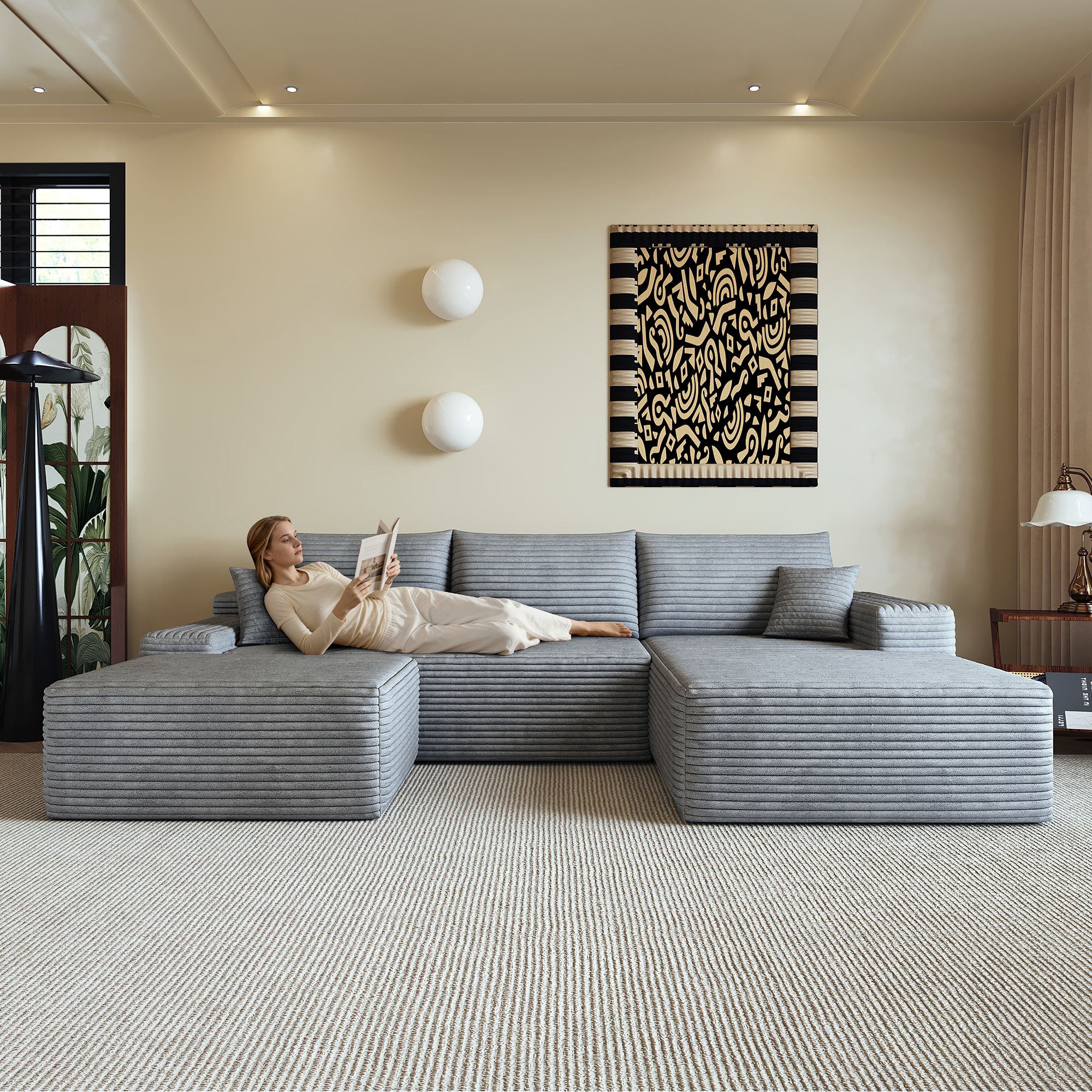 Canapé d'angle 270x175cm en tissu côtelé gris avec chaise longue, assise profonde et mousse haute densité pour salon moderne