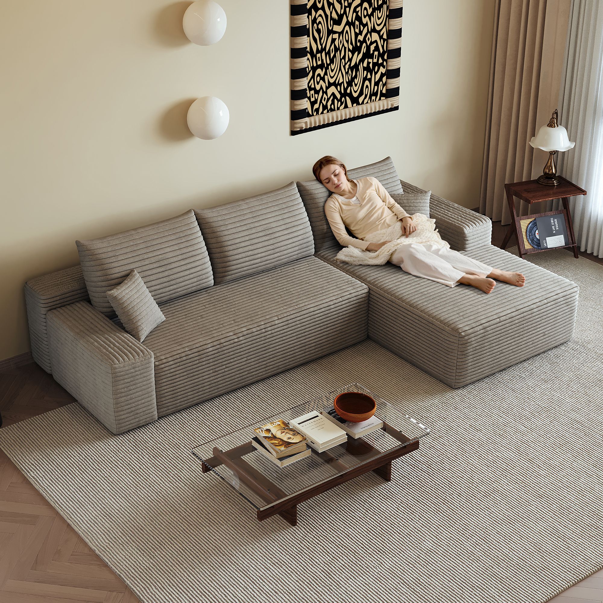 Canapé d'angle 270x175 cm en tissu côtelé Camel, structure modulaire sans montage, assise profonde et confortable pour le salon moderne.