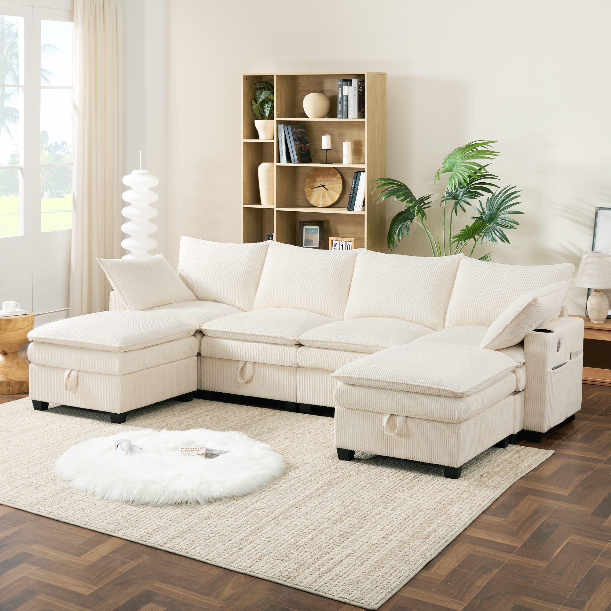 Canapé d'angle 6 places en velours côtelé beige, structure bois massif et bois artificiel avec coffre