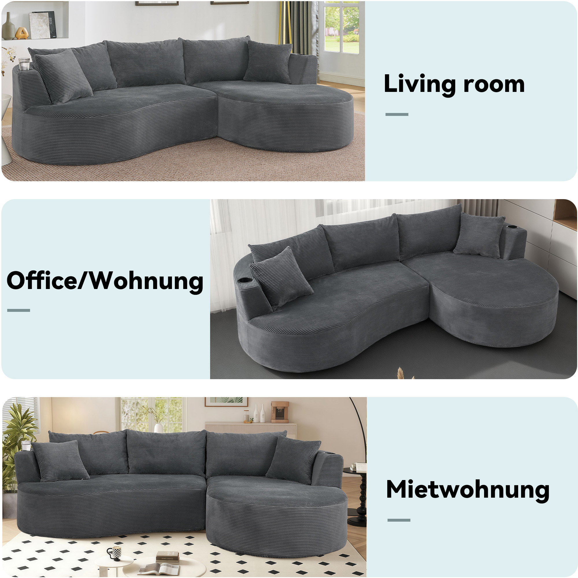 Méridienne Canapé Design Organique Gris Tissu Doux Avec Support Boissons Et Coussins Pour Appartement Hôtel Bureau
