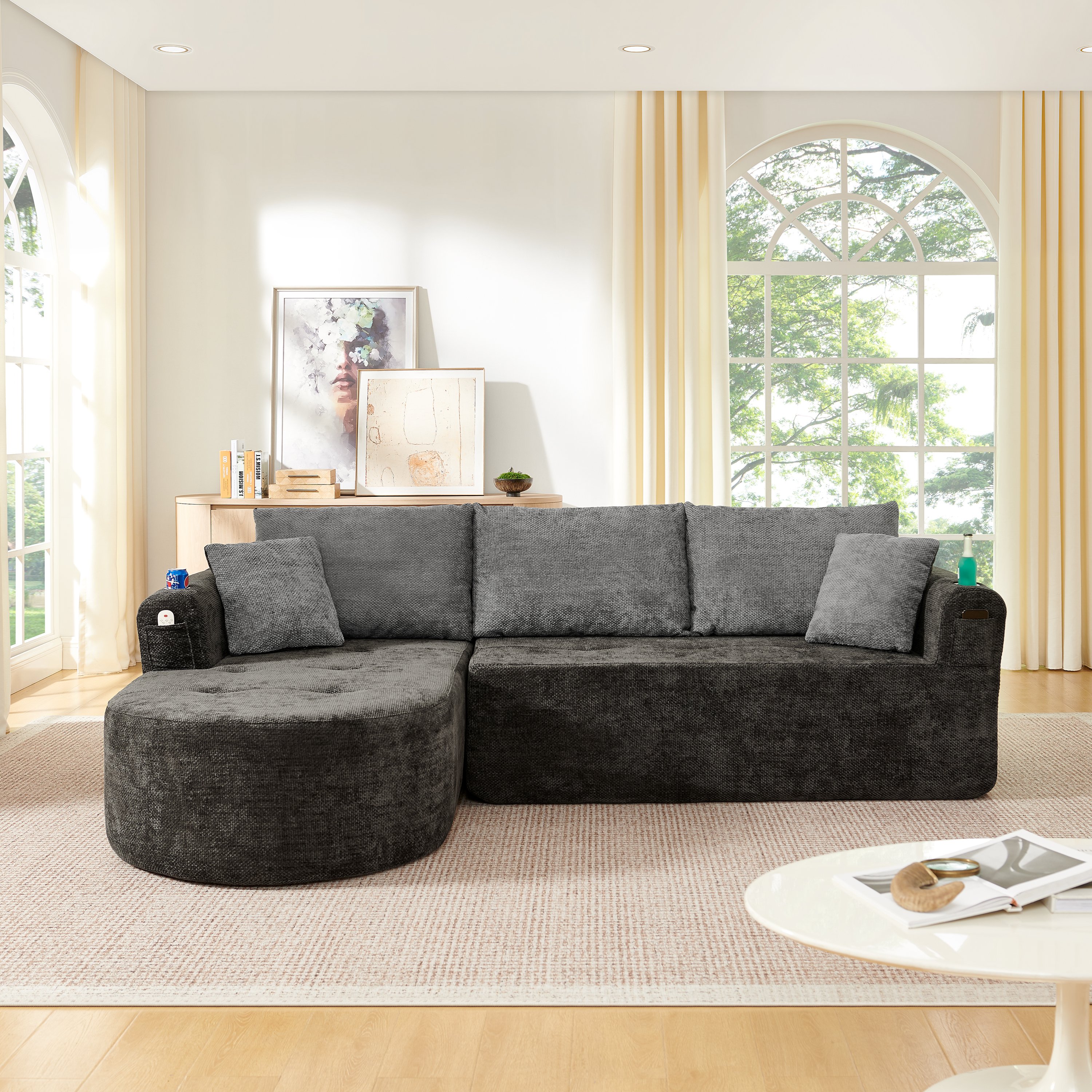 Canapé d'angle modulable noir en tissu Lin, design contemporain avec porte-gobelet inox et pochettes de rangement intégrées