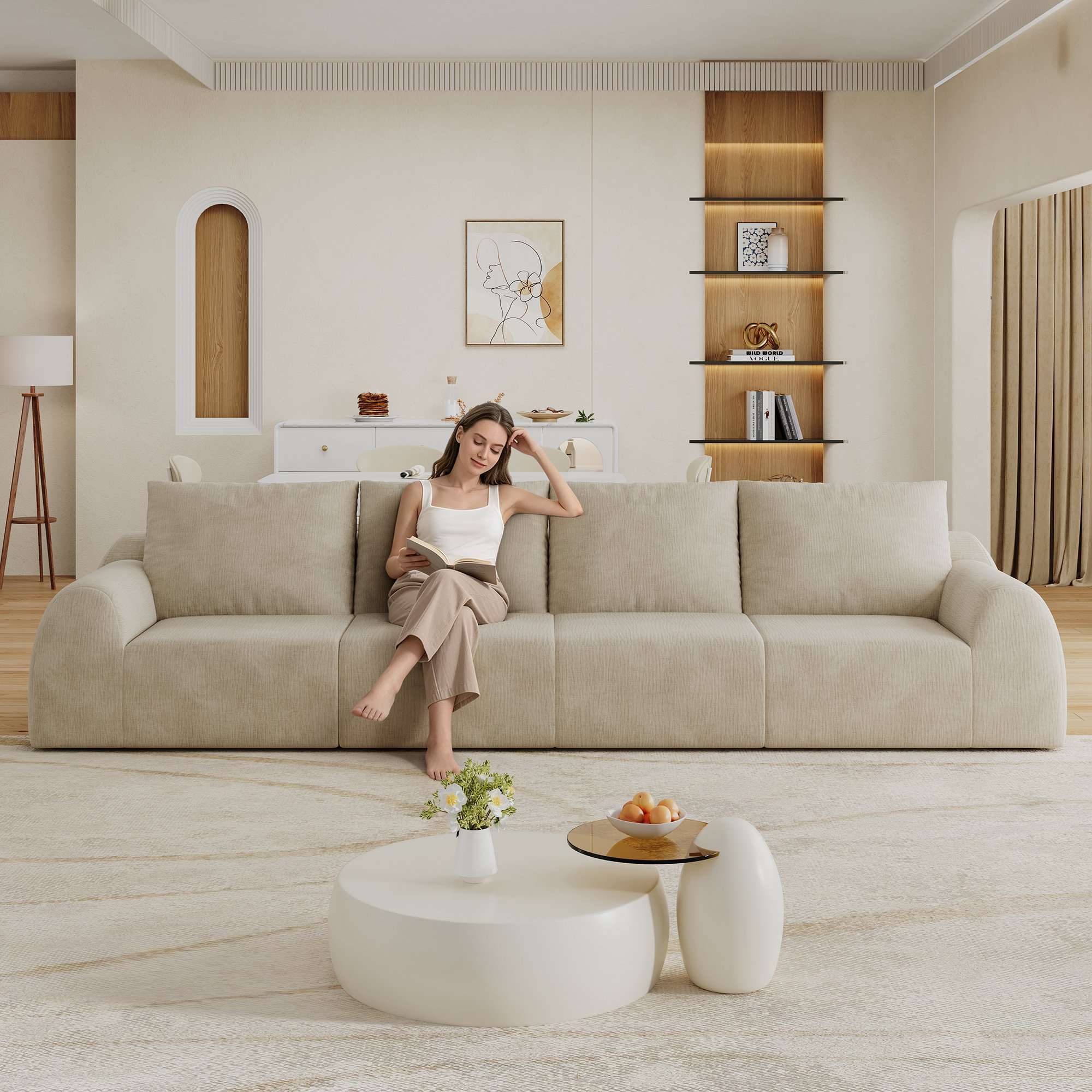 Canapé droit 324x95cm en tissu chenille kaki rembourré mousse haute élasticité sans montage pour salon et chambre