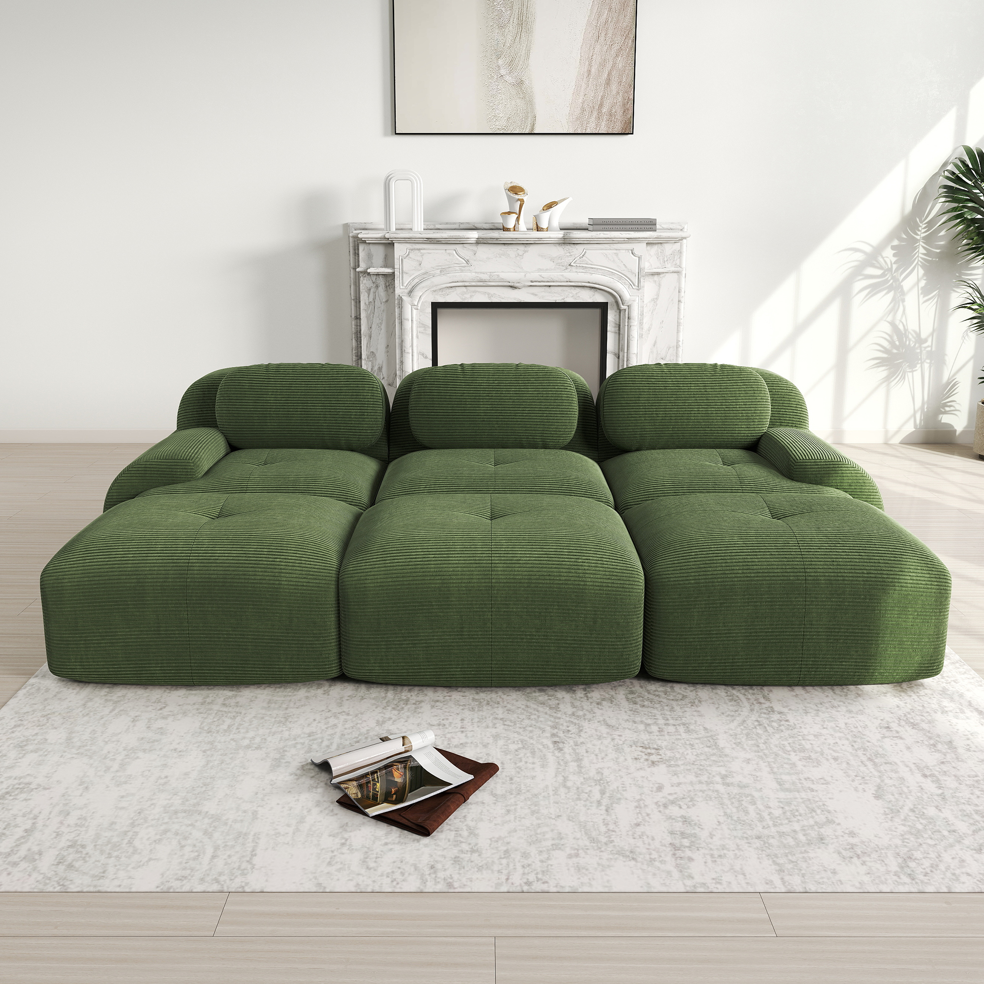 Canapé d'angle modulable 3 places sans montage en velours côtelé vert, adapté aux animaux et mousse 32D