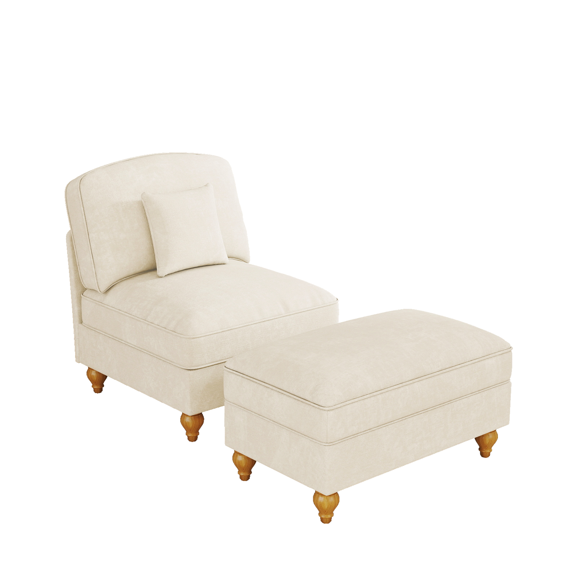 Fauteuil Lounge Chenille Blanc avec Pouf Mobile, Jupe Amovible et Pieds Tournés, Canapé Nuage Confortable pour Salon