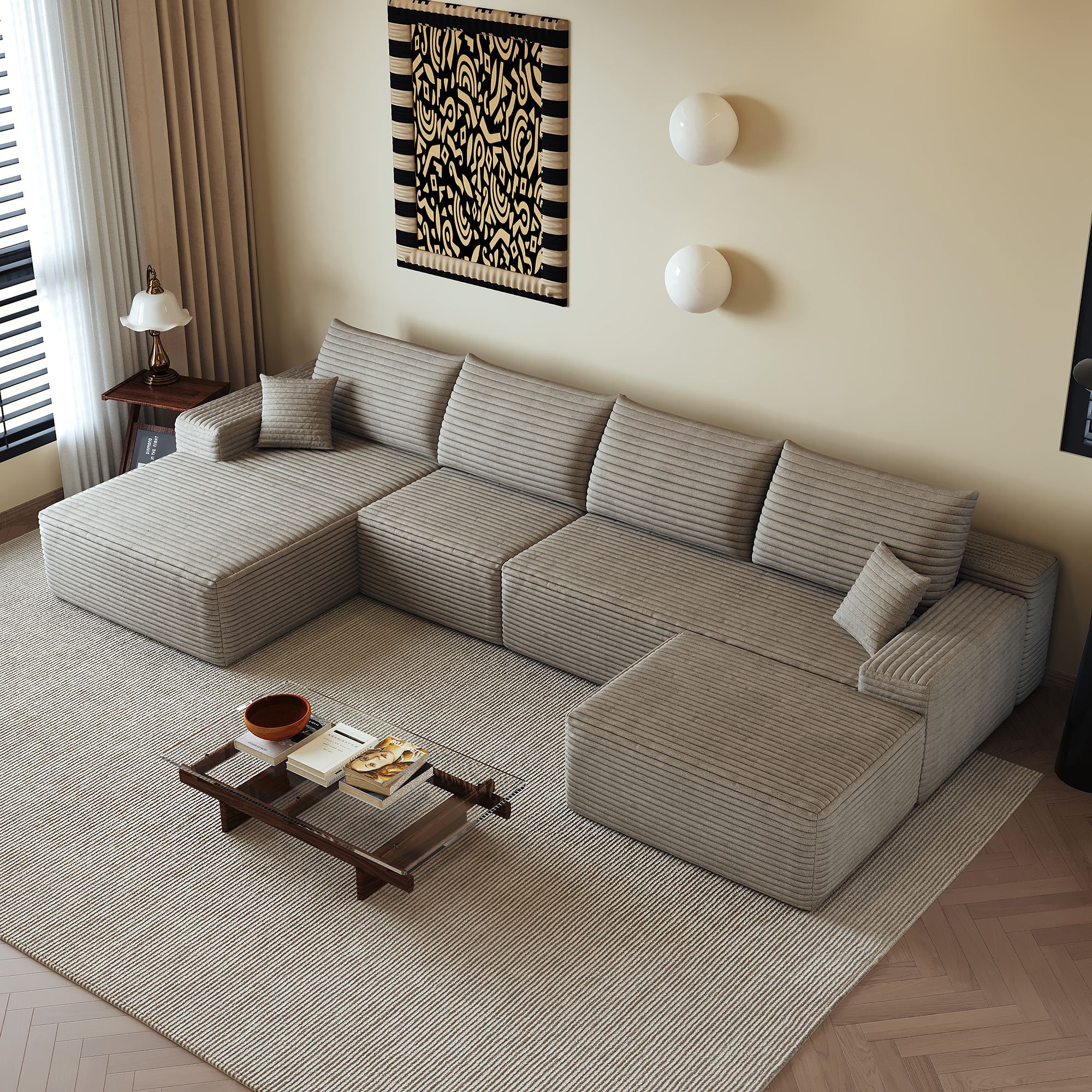 Canapé d'angle 340x175cm en velours côtelé camel, structure modulaire sans montage, assise profonde et mousse haute élasticité pour salon ou chambre