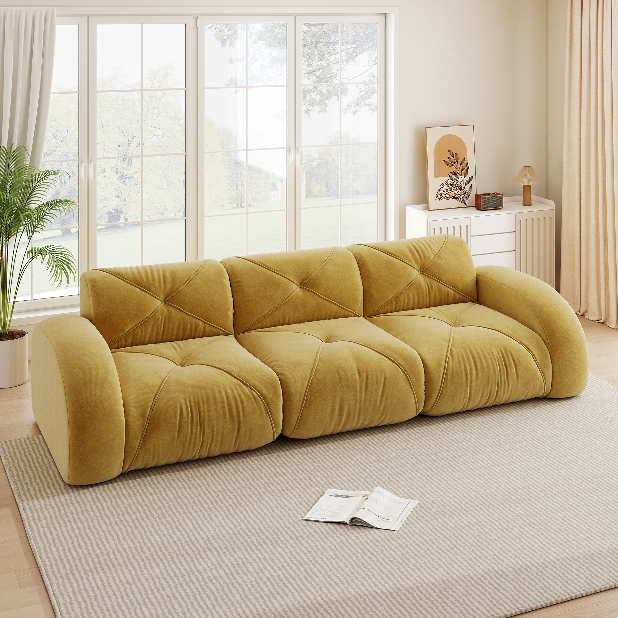 Canapé modulable 3 places sans cadre, confort moelleux chenille jaune antidérapant et facile à installer pour salon moderne