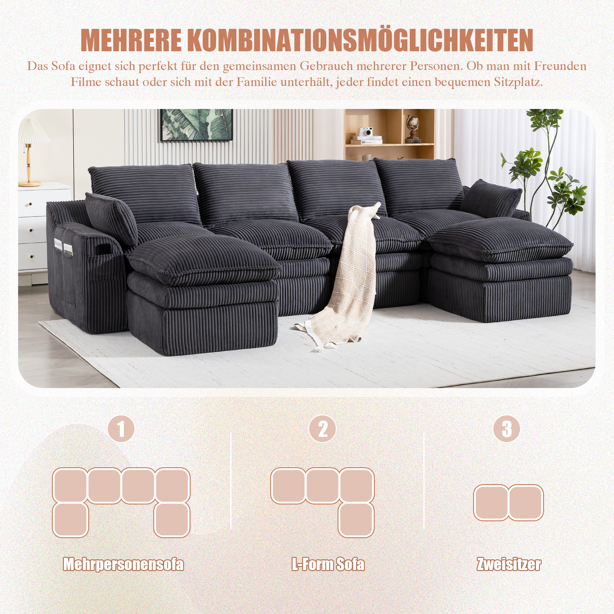 Canapé modulable 4 places sans montage avec mousse 3 couches et ressorts, gris foncé, 2 poufs inclus