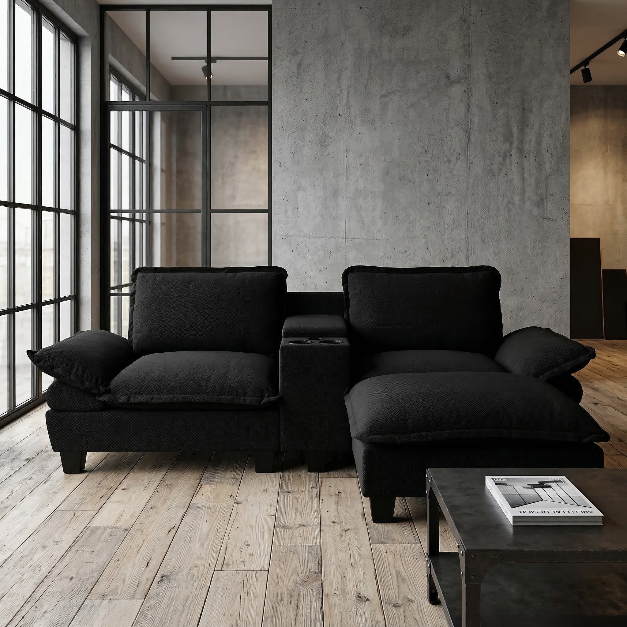 Canapé d'angle modulable noir 224x151x90 cm, Canapé segmenté avec ottomane et 2 coussins, Supporte jusqu'à 180 kg, Tissu Chenille