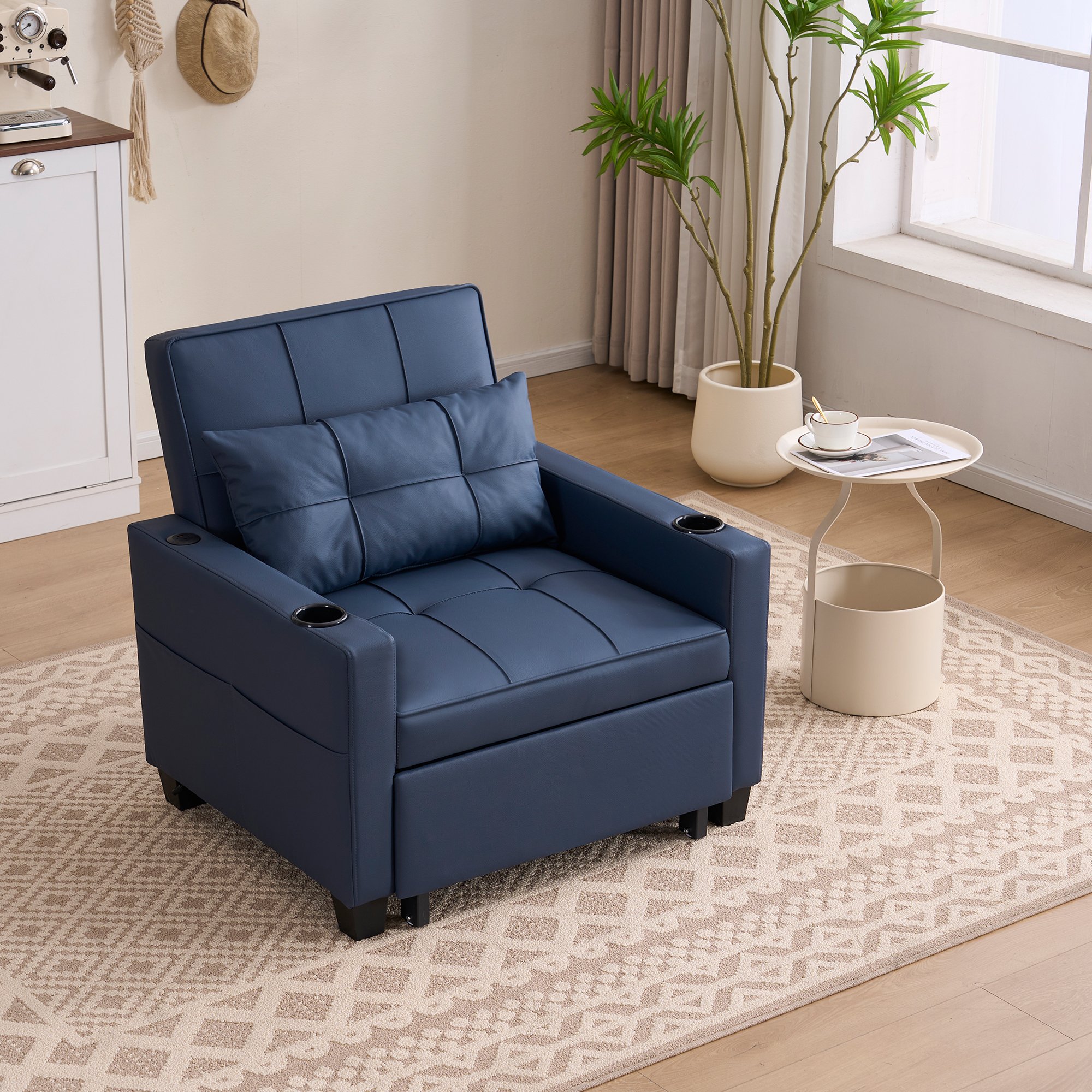 Canapé-lit convertible 1 place bleu en bois et métal avec porte-gobelets, port USB et dossier inclinable sur 3 positions pour petits espaces
