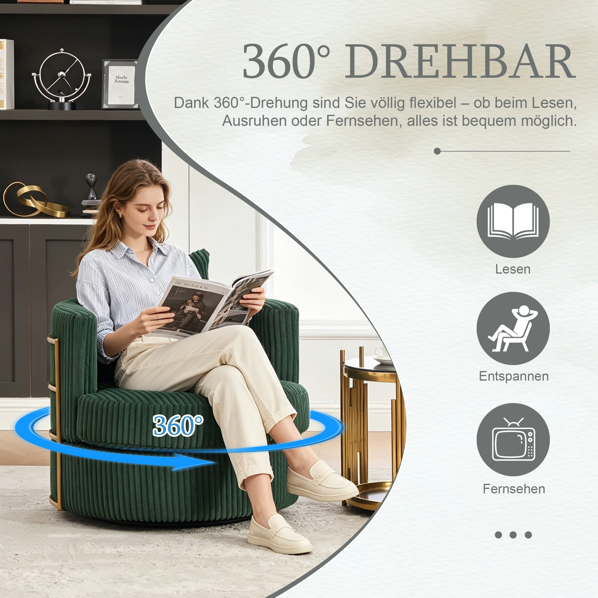 Canapé fauteuil en velours côtelé vert émeraude avec mousse haute densité et rangement intégré