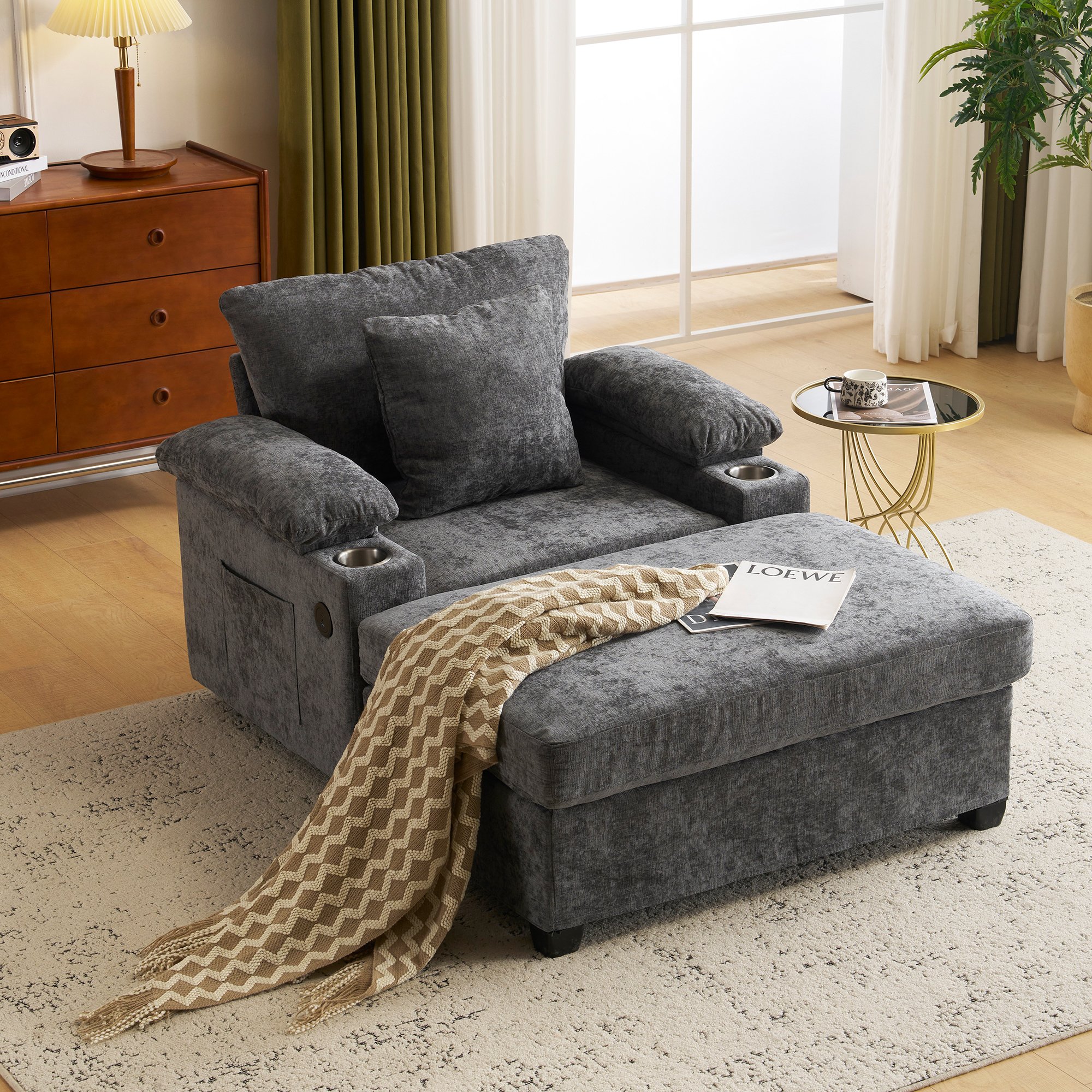 Fauteuil relax Chenille Gris Foncé avec Porte-Gobelet USB, Repose-Pieds Rotatif 90° et Accoudoirs Rangement
