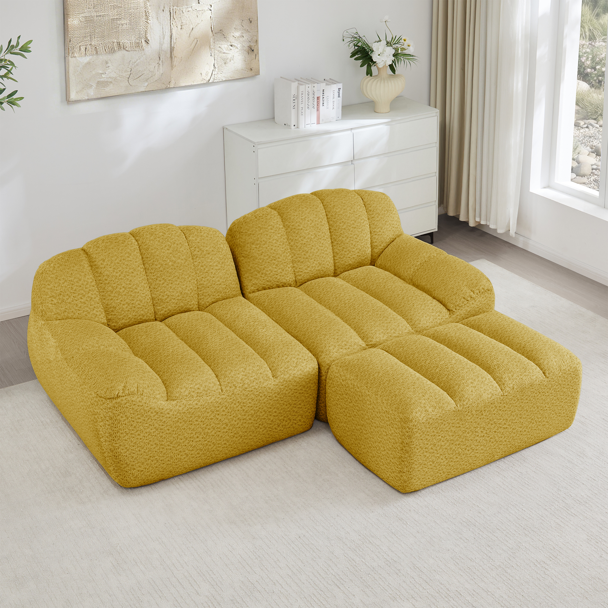 Canapé modulable d'angle en L 2 places, revêtement polaire granuleux jaune, structure sans ossature avec ottoman intégré et rangement tiroir