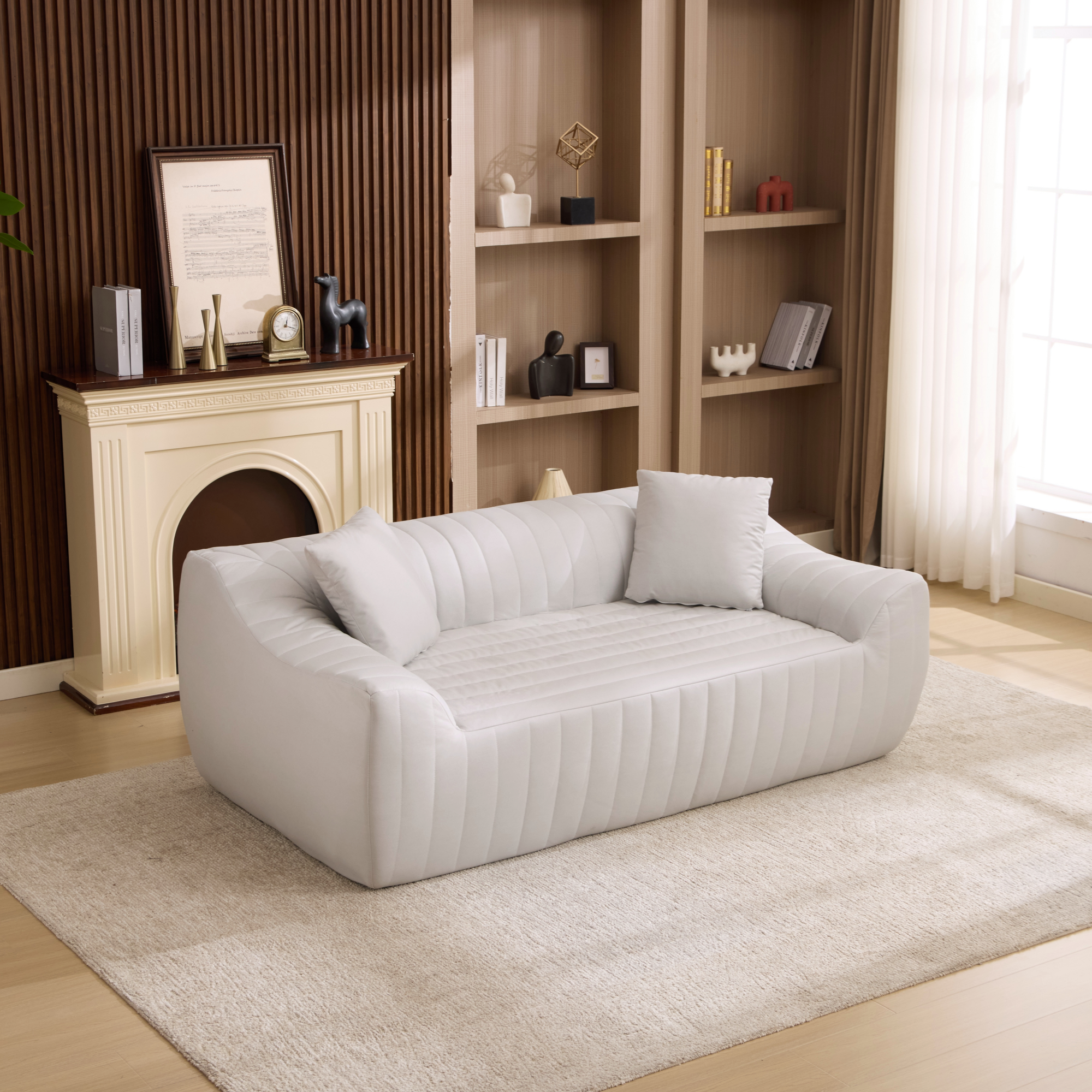 Canapé 2 places design en tissu technique blanc, capitonné vertical pour salon, bureau et chambre